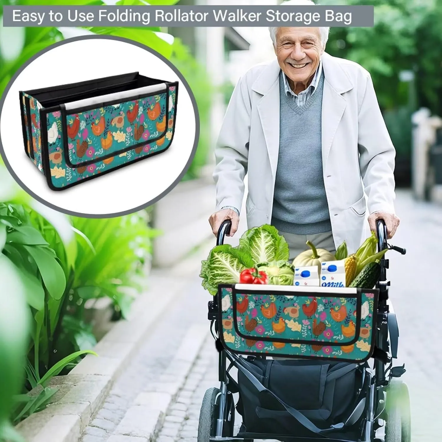 Cartoon Chicken Rooster Rollator Walker Accessories Storage Bag for Four Wheel Rollator Foldable Walker Storage Bag Pouch Storage to Walkers for Senoirs