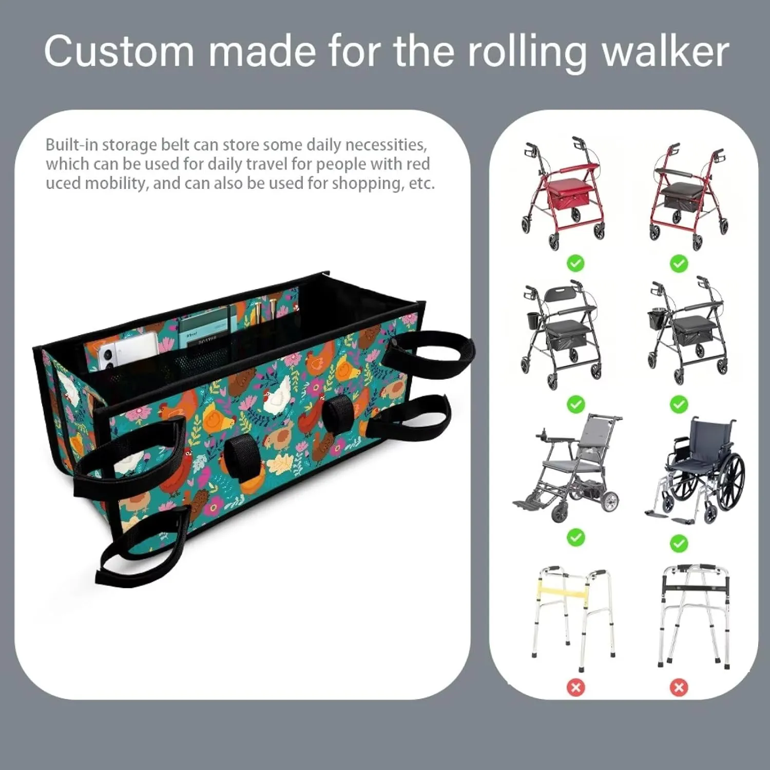 Cartoon Chicken Rooster Rollator Walker Accessories Storage Bag for Four Wheel Rollator Foldable Walker Storage Bag Pouch Storage to Walkers for Senoirs