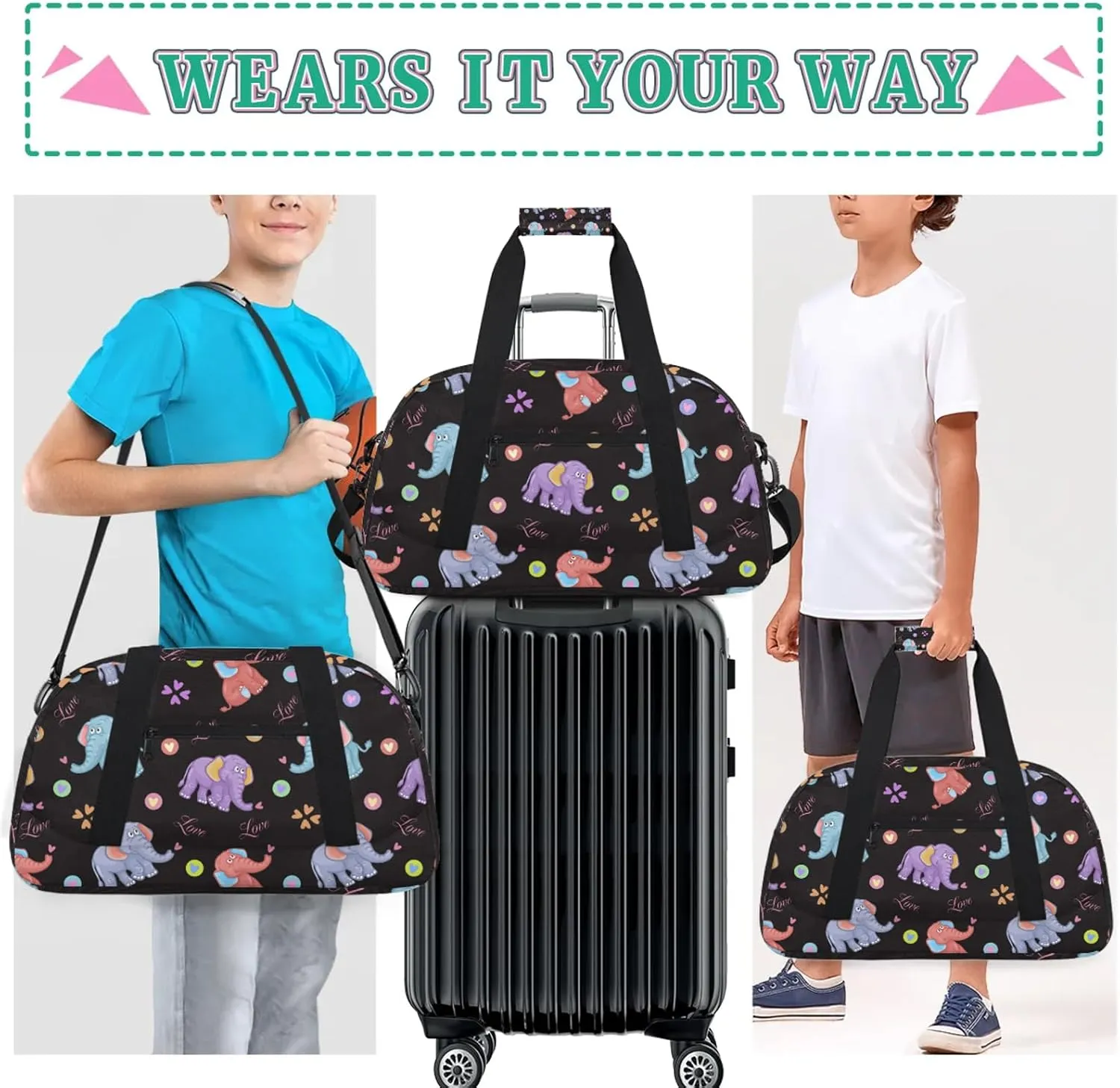 Cartoon Elephant 18 inch Small Gym Bag for Women and Men, Lightweight Carry On Weekender Bag Mini Duffel Bag for Travel Sports Workout