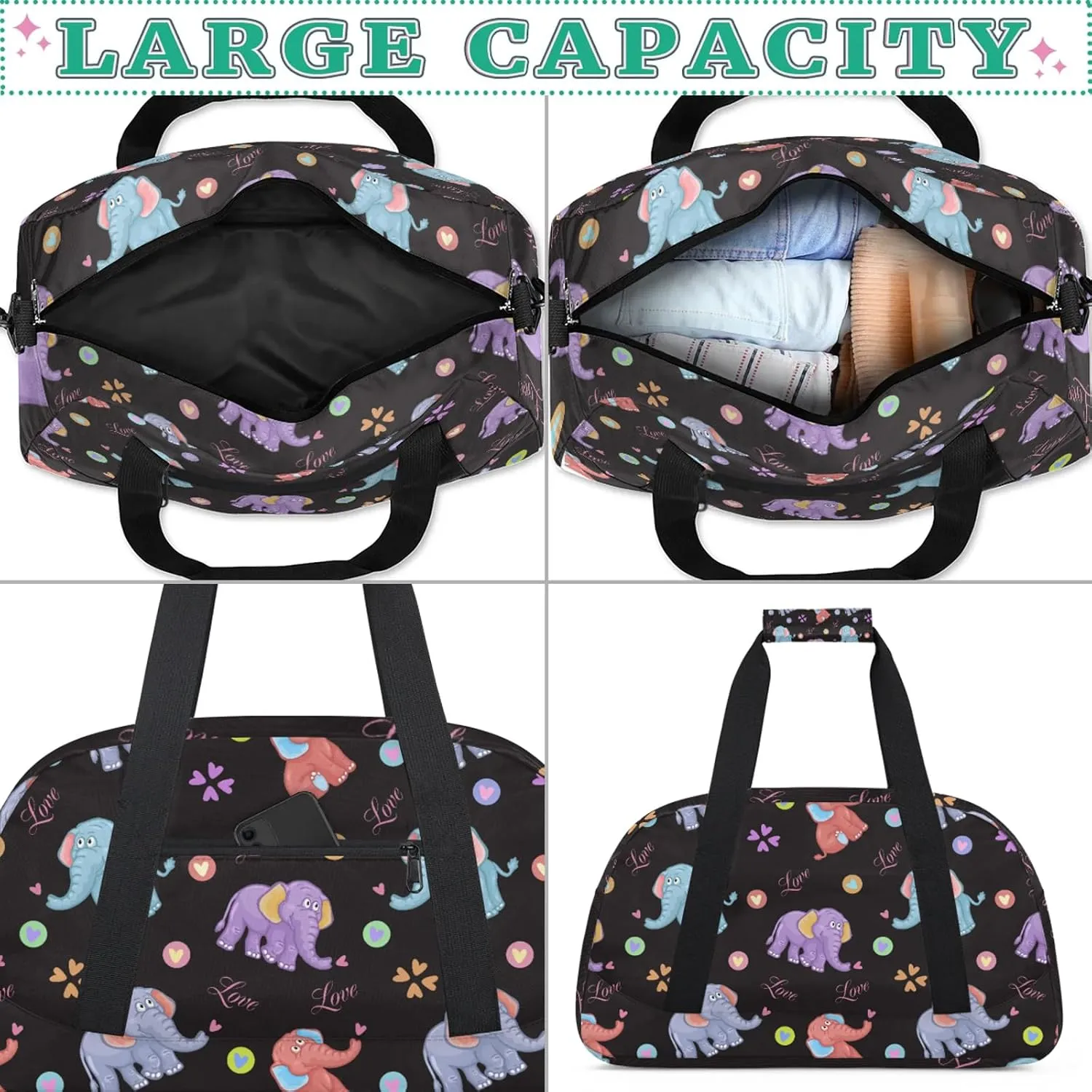 Cartoon Elephant 18 inch Small Gym Bag for Women and Men, Lightweight Carry On Weekender Bag Mini Duffel Bag for Travel Sports Workout