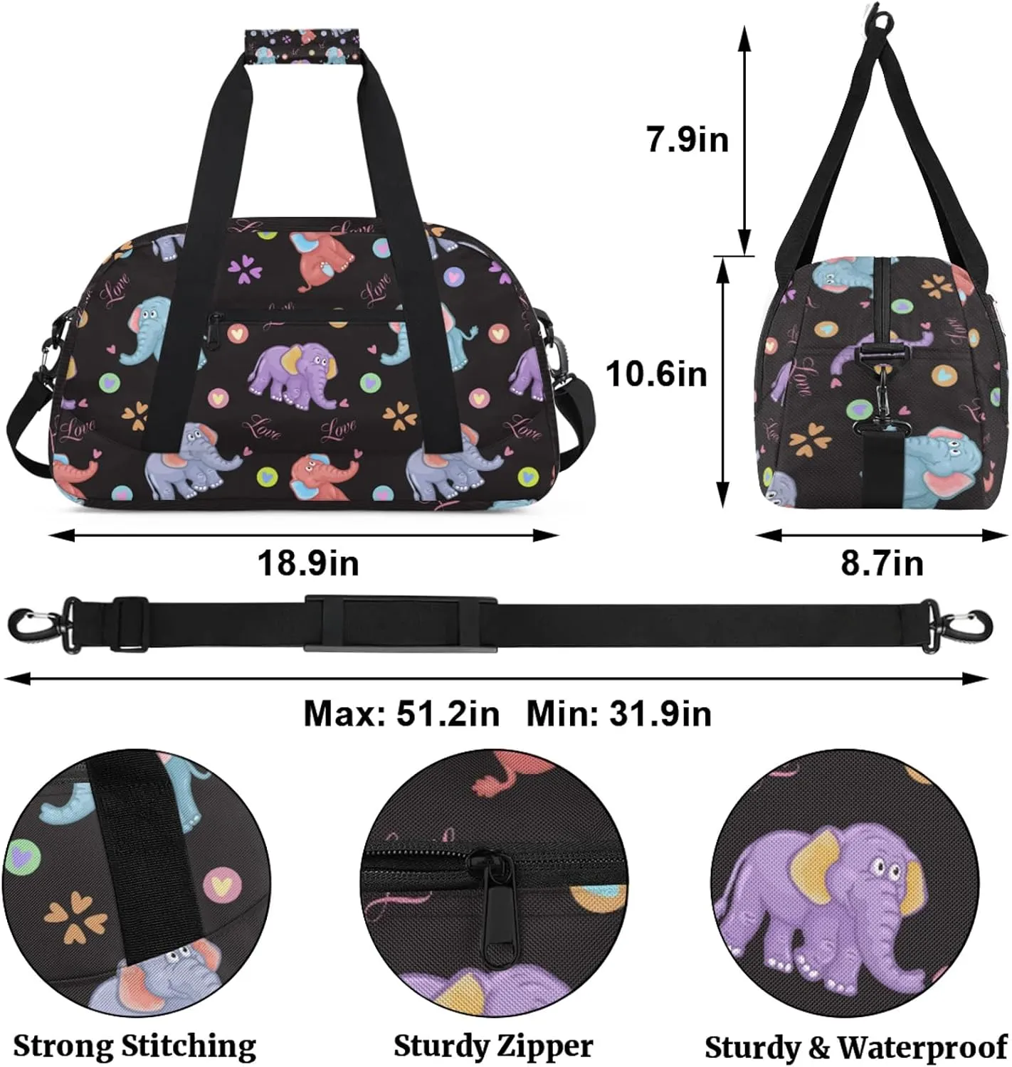 Cartoon Elephant 18 inch Small Gym Bag for Women and Men, Lightweight Carry On Weekender Bag Mini Duffel Bag for Travel Sports Workout