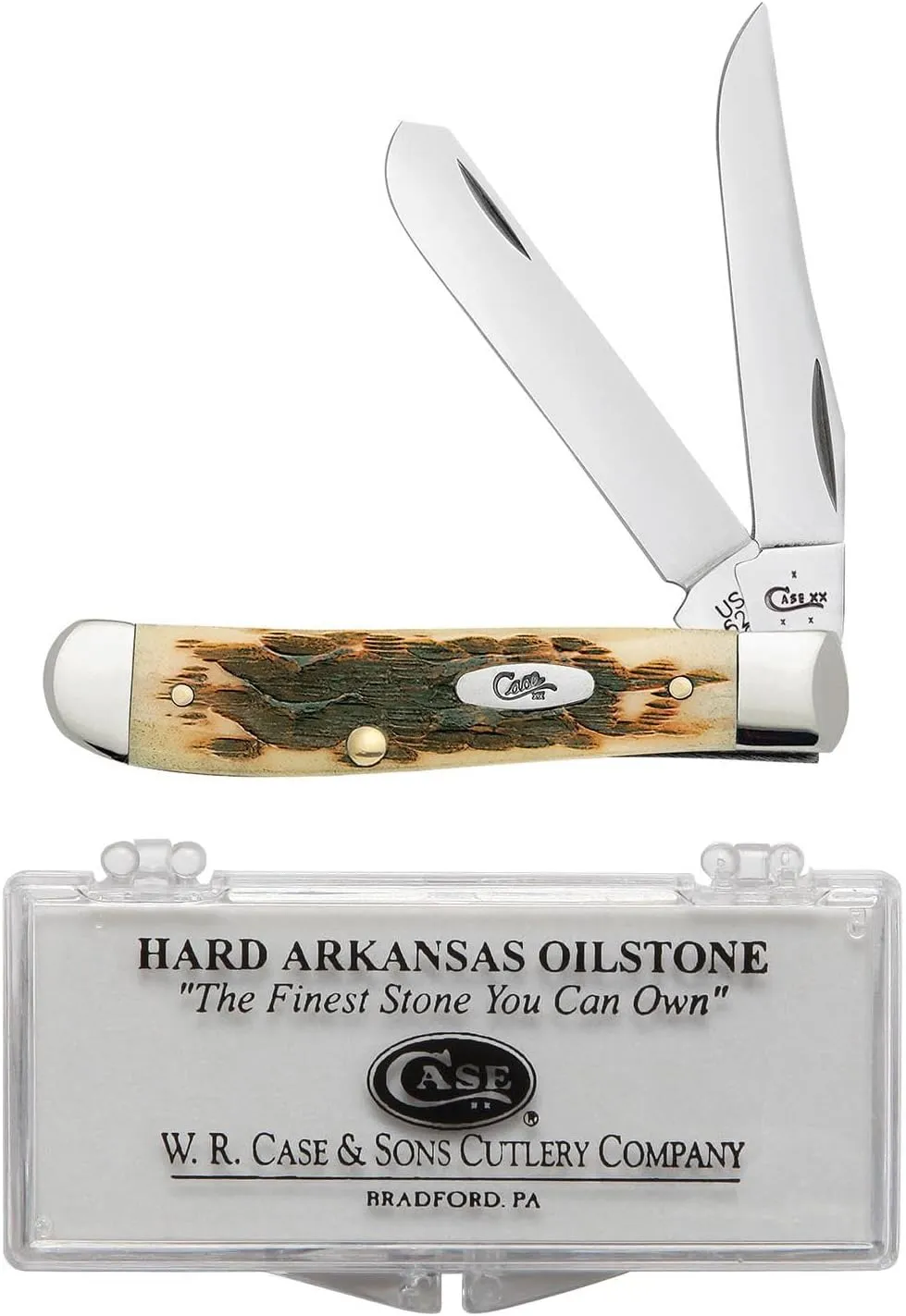 Case XX WR Pocket Knife Mini Trapper Amber Jig Bone W/Sharpening Stone (6207 SS) - Length Closed: 3 1/2 Inches