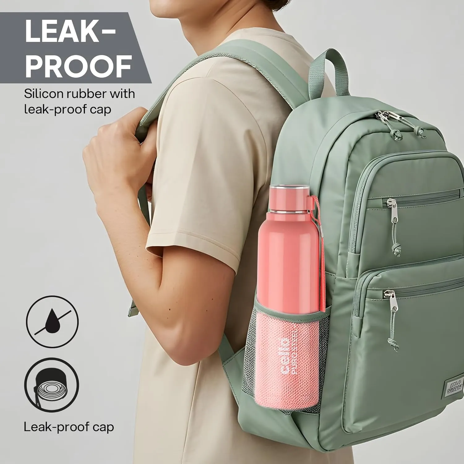 Cello Puro Steel-X Benz 900 Insulated Inner Steel Outer Plastic Water Bottle | Leak Proof | Vacuum Insulated Bottle for Travel, Home, Office (25oz, Peach)