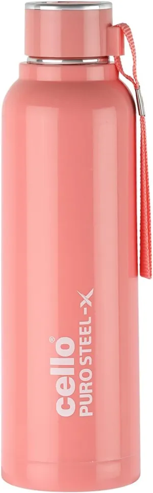 Cello Puro Steel-X Benz 900 Insulated Inner Steel Outer Plastic Water Bottle | Leak Proof | Vacuum Insulated Bottle for Travel, Home, Office (25oz, Peach)