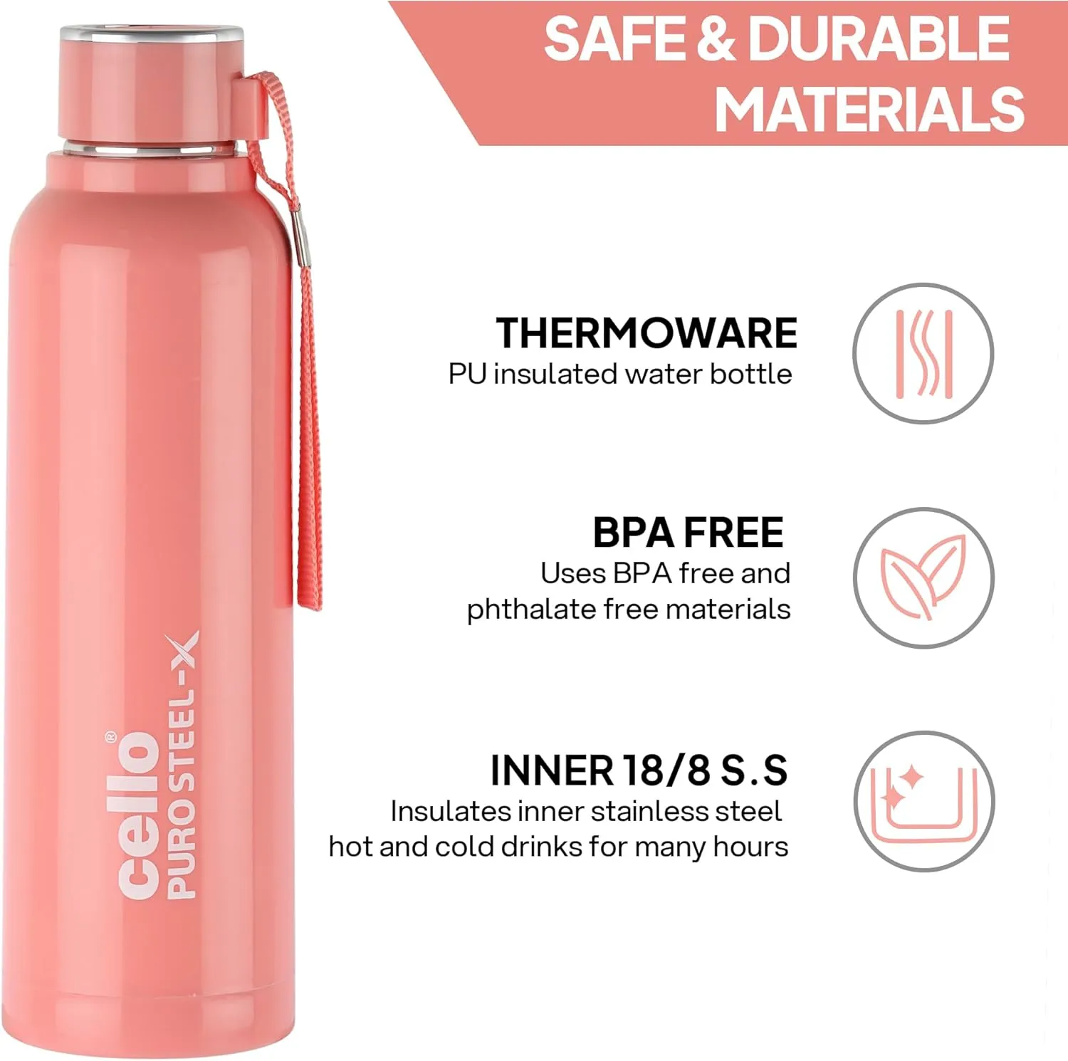 Cello Puro Steel-X Benz 900 Insulated Inner Steel Outer Plastic Water Bottle | Leak Proof | Vacuum Insulated Bottle for Travel, Home, Office (25oz, Peach)