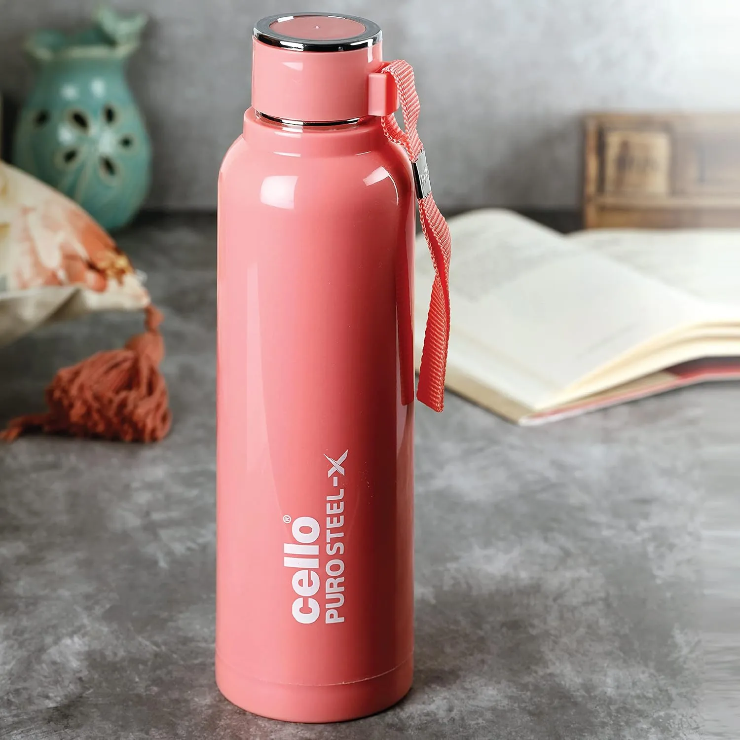 Cello Puro Steel-X Benz 900 Insulated Inner Steel Outer Plastic Water Bottle | Leak Proof | Vacuum Insulated Bottle for Travel, Home, Office (25oz, Peach)