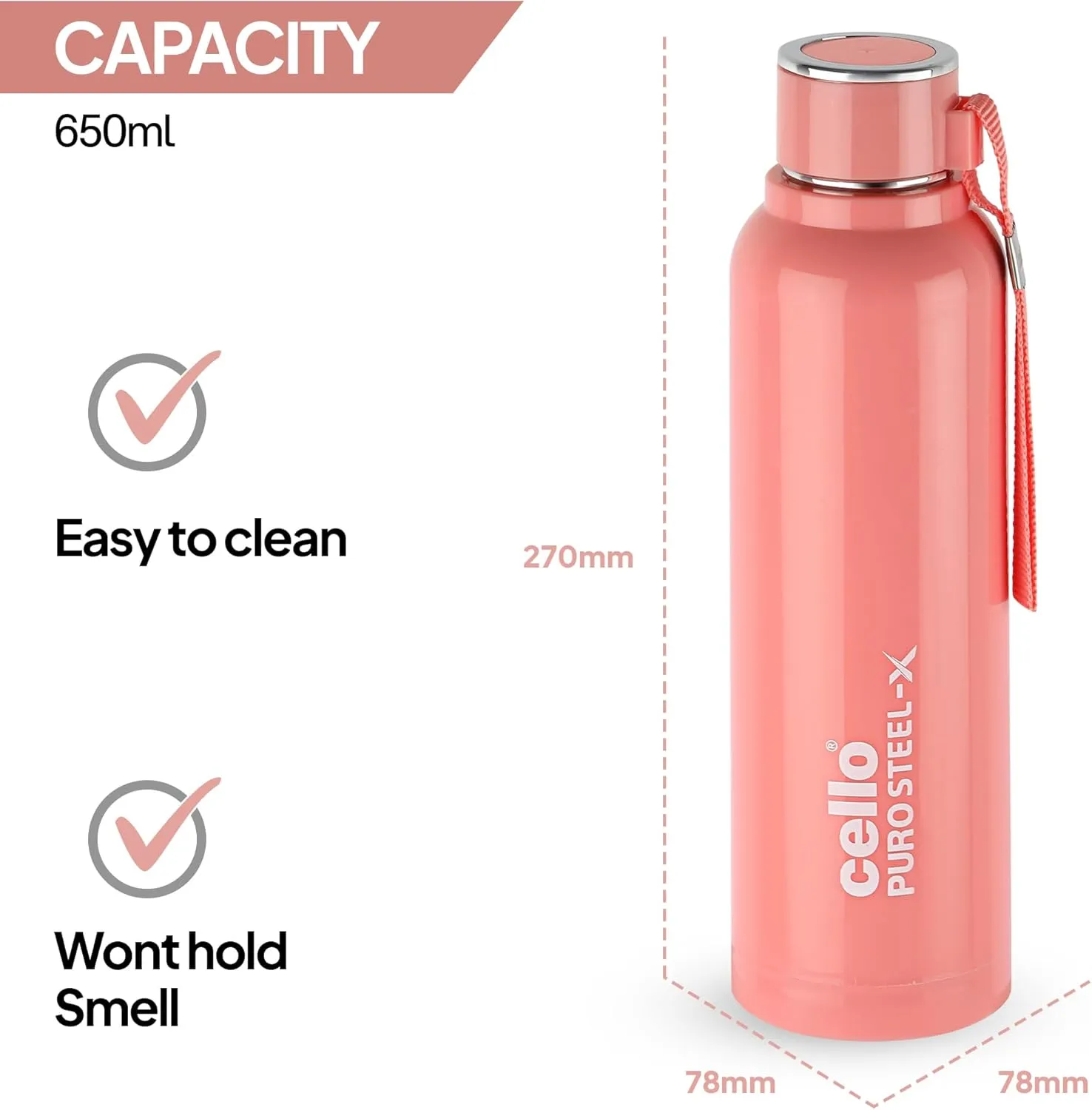 Cello Puro Steel-X Benz 900 Insulated Inner Steel Outer Plastic Water Bottle | Leak Proof | Vacuum Insulated Bottle for Travel, Home, Office (25oz, Peach)