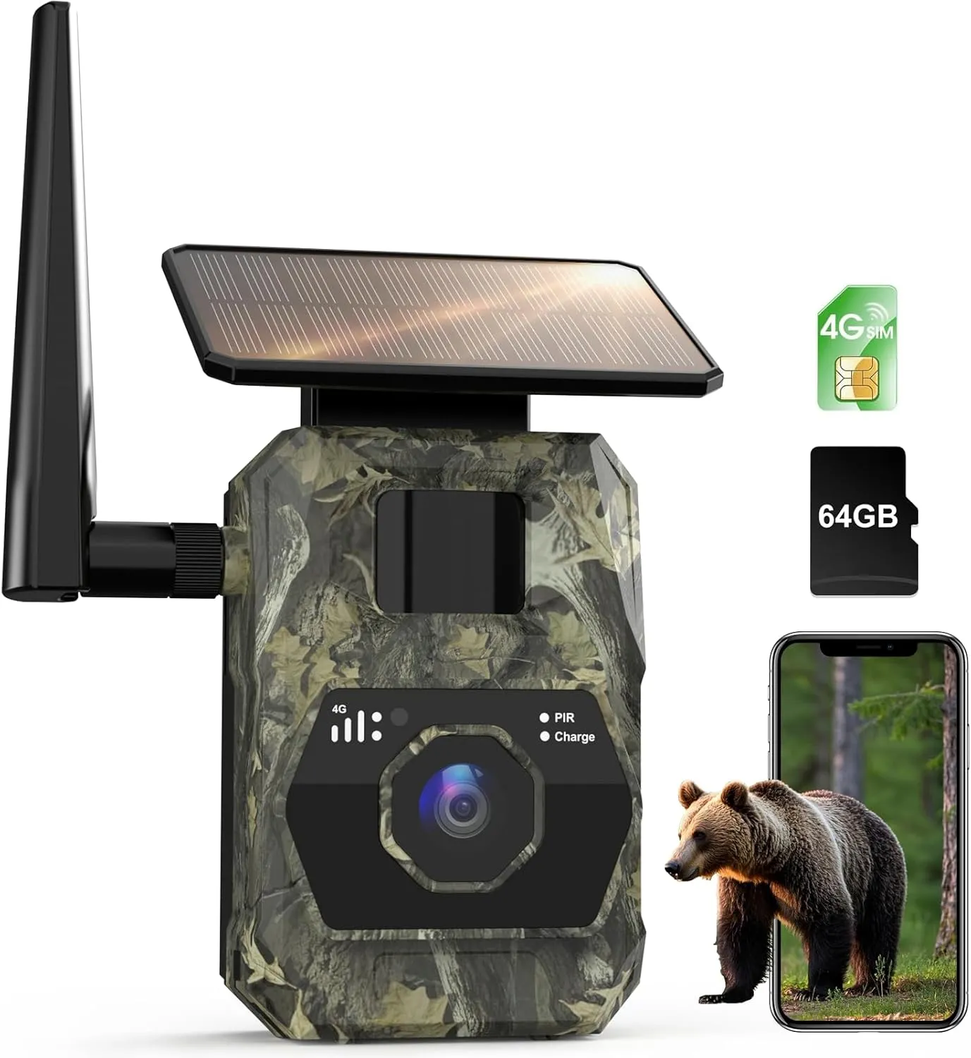 Cellular Trail Camera with Solar Panel, 2K Live Video, Colorful Night Vision, No WiFi Needed, 4G LTE SIM Card, 64G SD Card, 0.2S Trigger Motion Actived, Smart Alerts, GPS, IP66 Waterproof Game Camera
