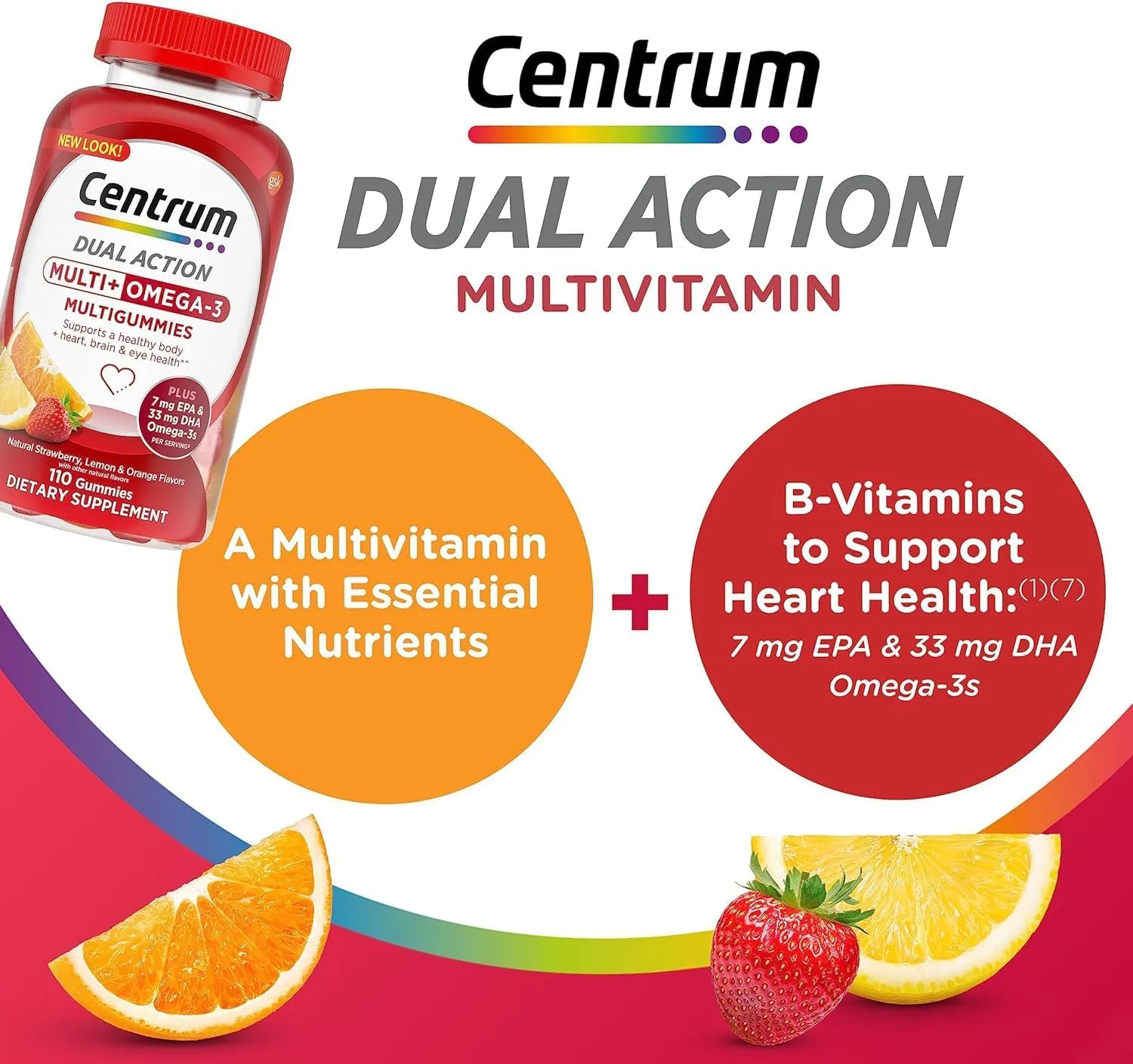 Centrum MultiGummies Multi  Omega 3 Dual Action, Adult Multivitamin, Multivitamin/Multimineral/Omega 3 Supplement, Mixed Flavors110 Count   Guide Vitamins Free