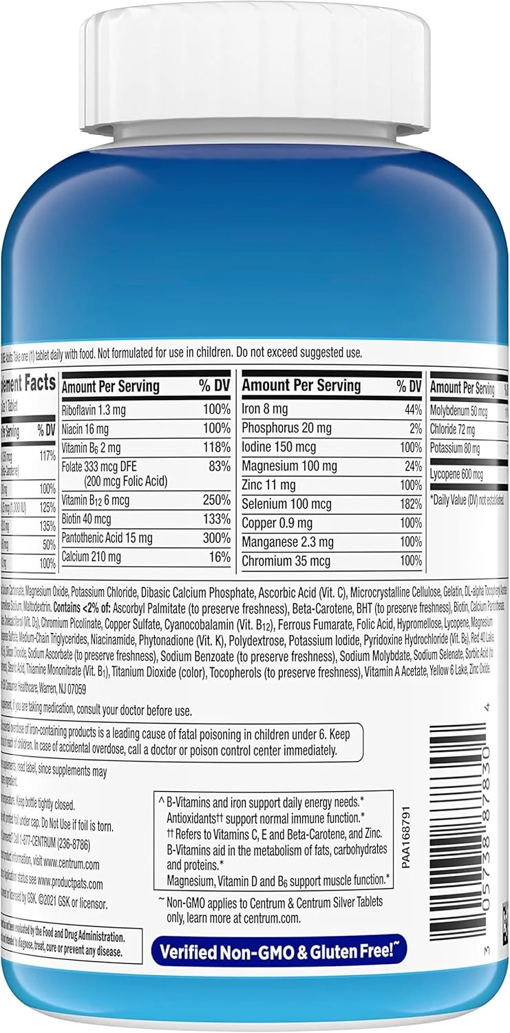 Centrum Multivitamin for Men, Multivitamin/Multimineral Supplement with Vitamin D3, B Vitamins and Antioxidants, Gluten Free, Non-GMO Ingredients - 250 Count