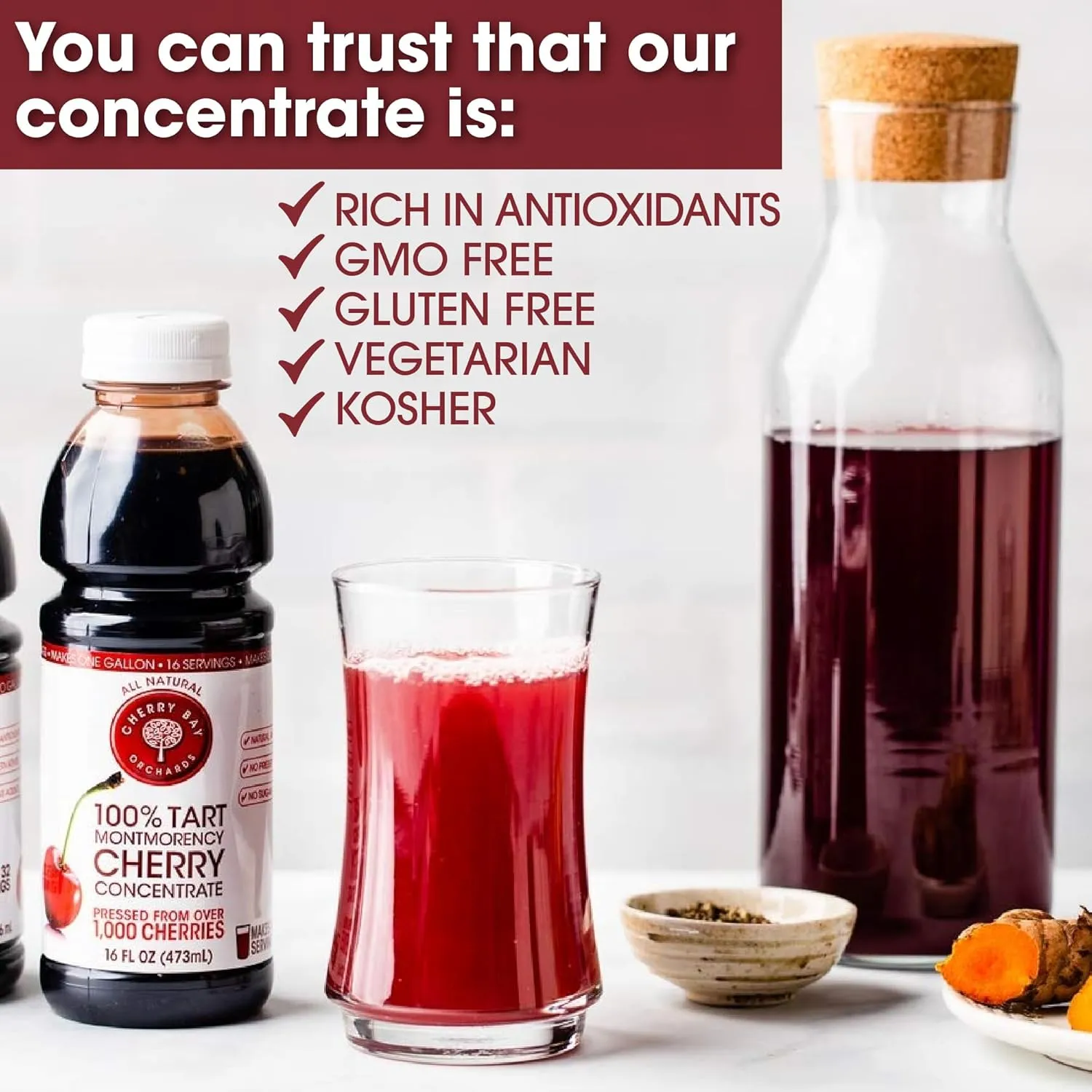 Cherry Bay Orchards Tart Montmorency Cherry Concentrate (3 Pack 16 Oz Bottle) - All Natural Juice Sleep Aid - GMO & Gluten Free, Kosher Certified, Antioxidants, No Added Sugar or Preservatives