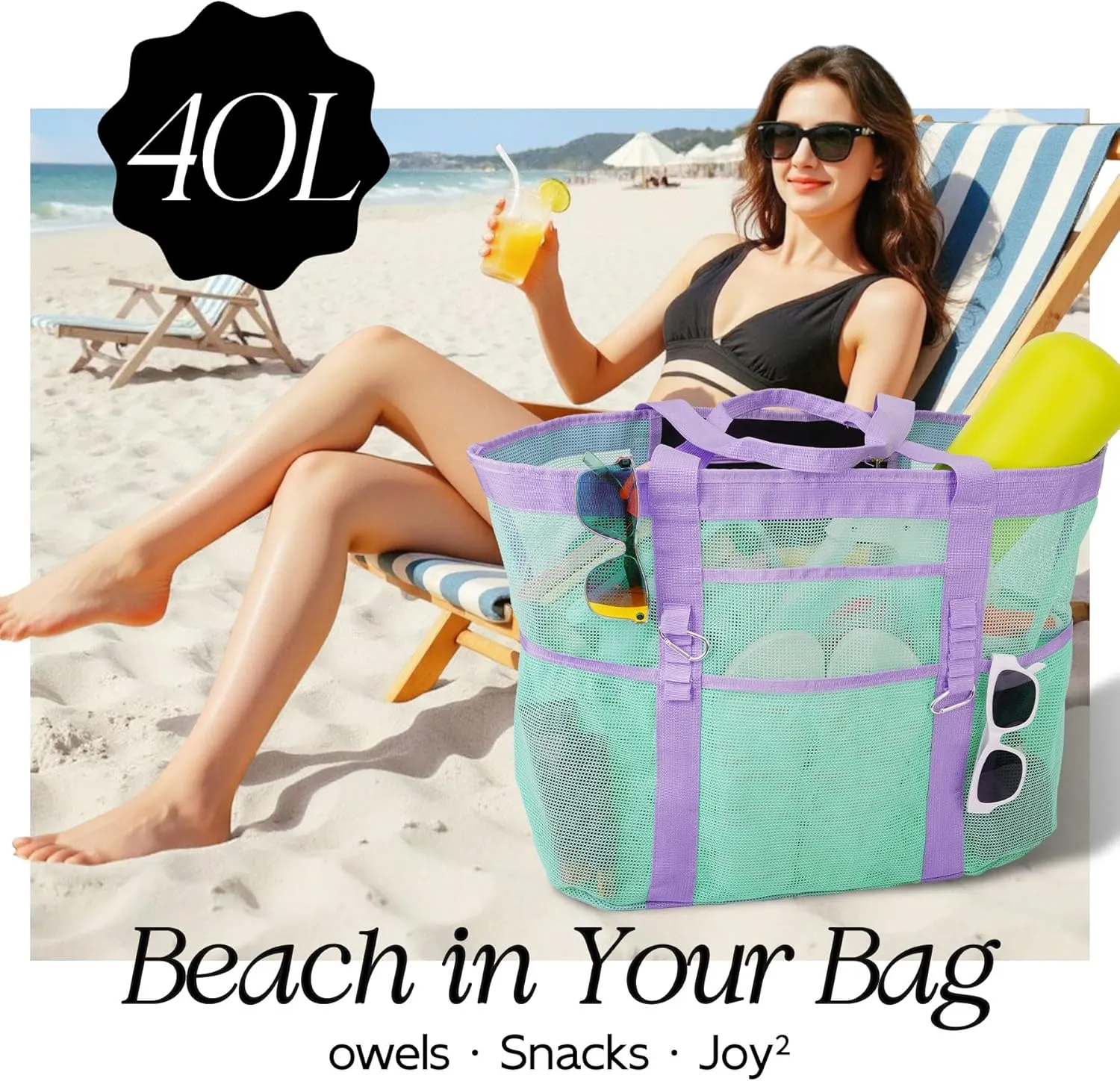 Chic & Spacious XX-Large Beach Bag for Women – 12 Pockets, Waterproof Mesh, Lightweight, Includes 2 Carabiners