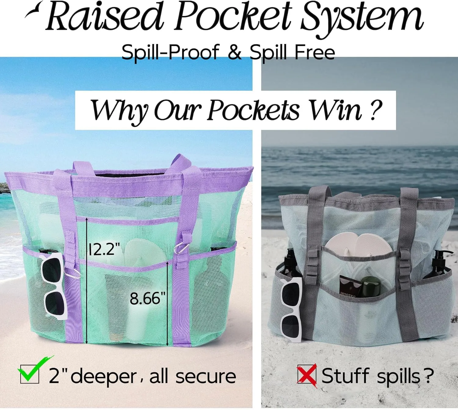 Chic & Spacious XX-Large Beach Bag for Women – 12 Pockets, Waterproof Mesh, Lightweight, Includes 2 Carabiners