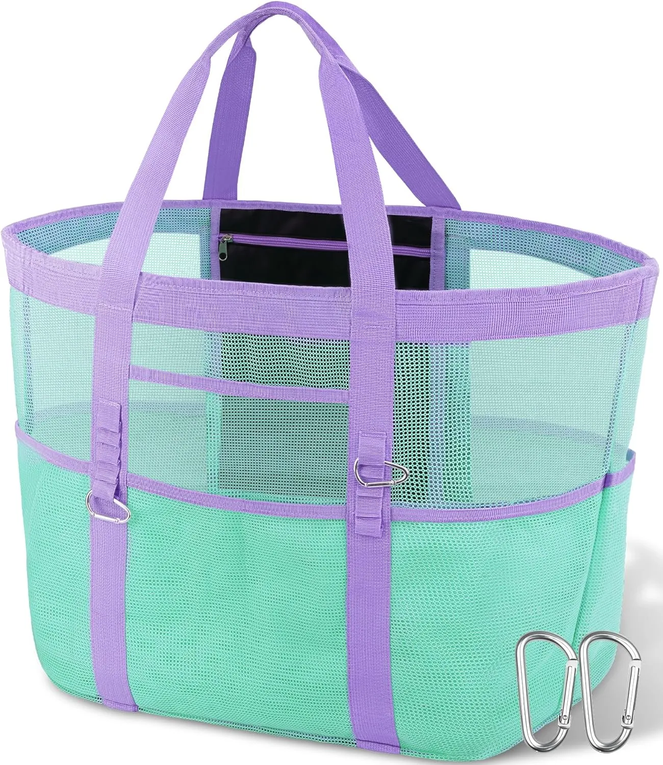 Chic & Spacious XX-Large Beach Bag for Women – 12 Pockets, Waterproof Mesh, Lightweight, Includes 2 Carabiners
