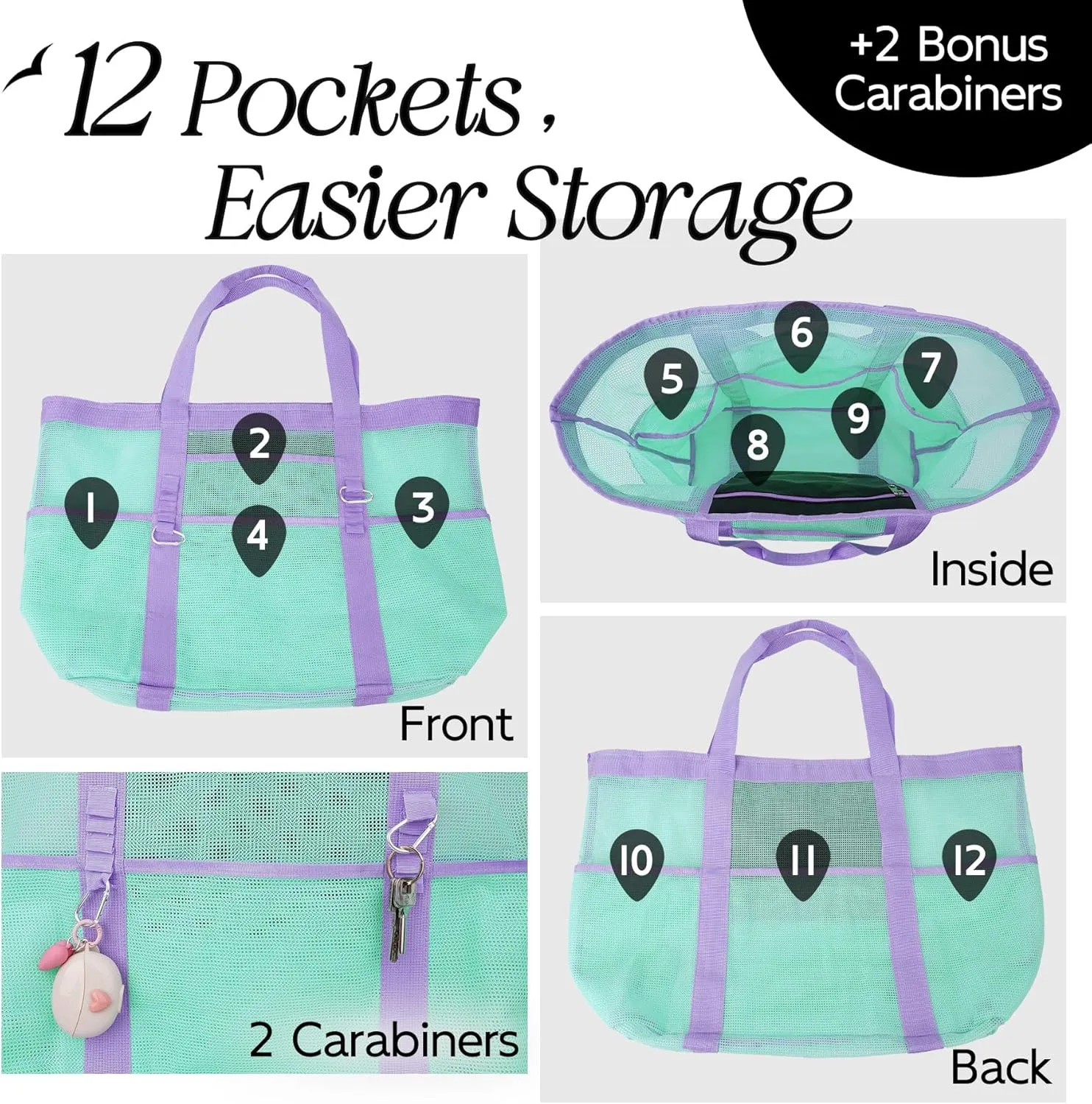 Chic & Spacious XX-Large Beach Bag for Women – 12 Pockets, Waterproof Mesh, Lightweight, Includes 2 Carabiners