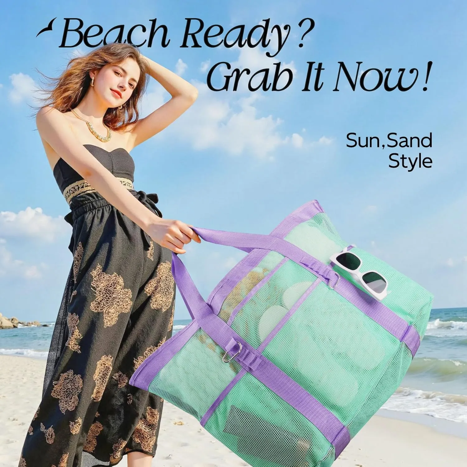 Chic & Spacious XX-Large Beach Bag for Women – 12 Pockets, Waterproof Mesh, Lightweight, Includes 2 Carabiners