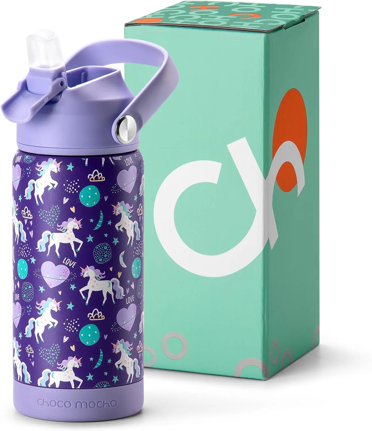 Choco Mocha Kids Water Bottle For School, Kids Insulated Water Bottle Stainless Steel for Girls,14Oz Purple Unicorn