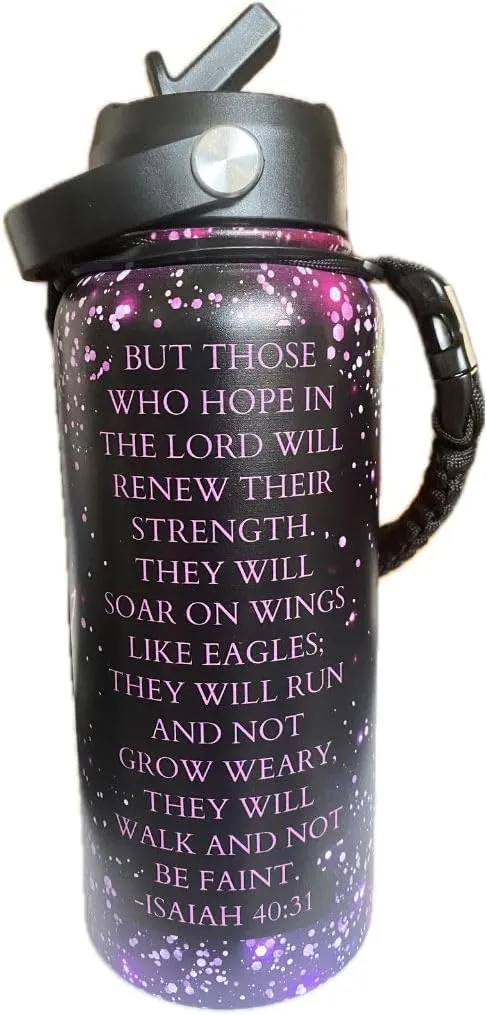 Christian Water Bottle with Straw & Handle, Leak-Proof, BPA-Free, Mother's Day Gift - 32 oz, Purple Wings, 18/8 Stainless Steel Wide Mouth