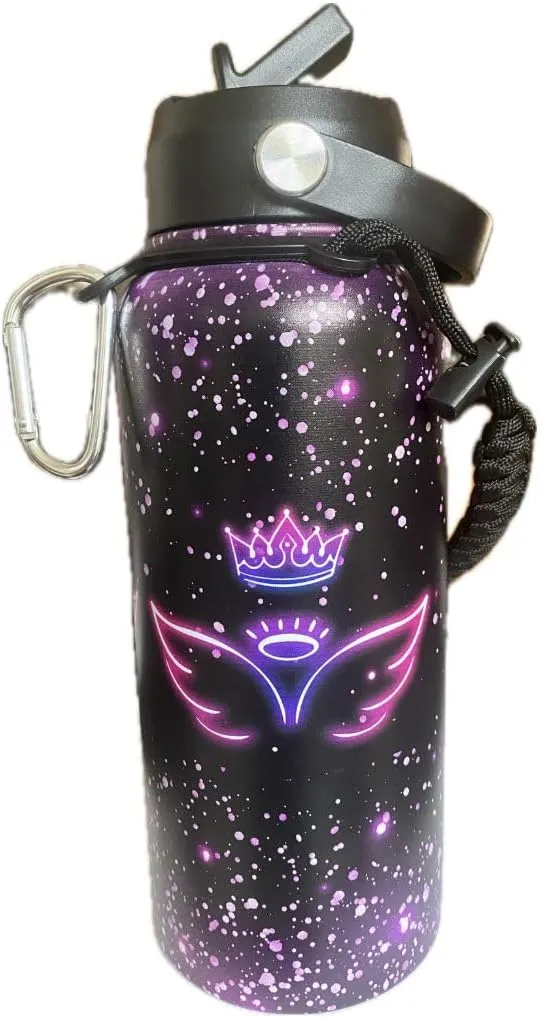 Christian Water Bottle with Straw & Handle, Leak-Proof, BPA-Free, Mother's Day Gift - 32 oz, Purple Wings, 18/8 Stainless Steel Wide Mouth