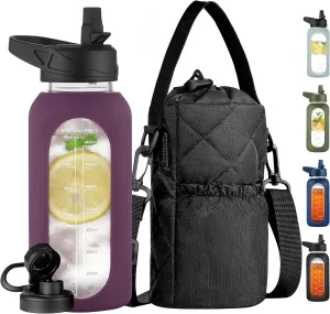 CIVAGO 32 oz Glass Water Bottle with Straw and Insulated Bottle Holder Sling, Motivational Water jug with Time Marker and Silicone Sleeve, Water Flask with 2 Lids for Walking and Gym Mauve