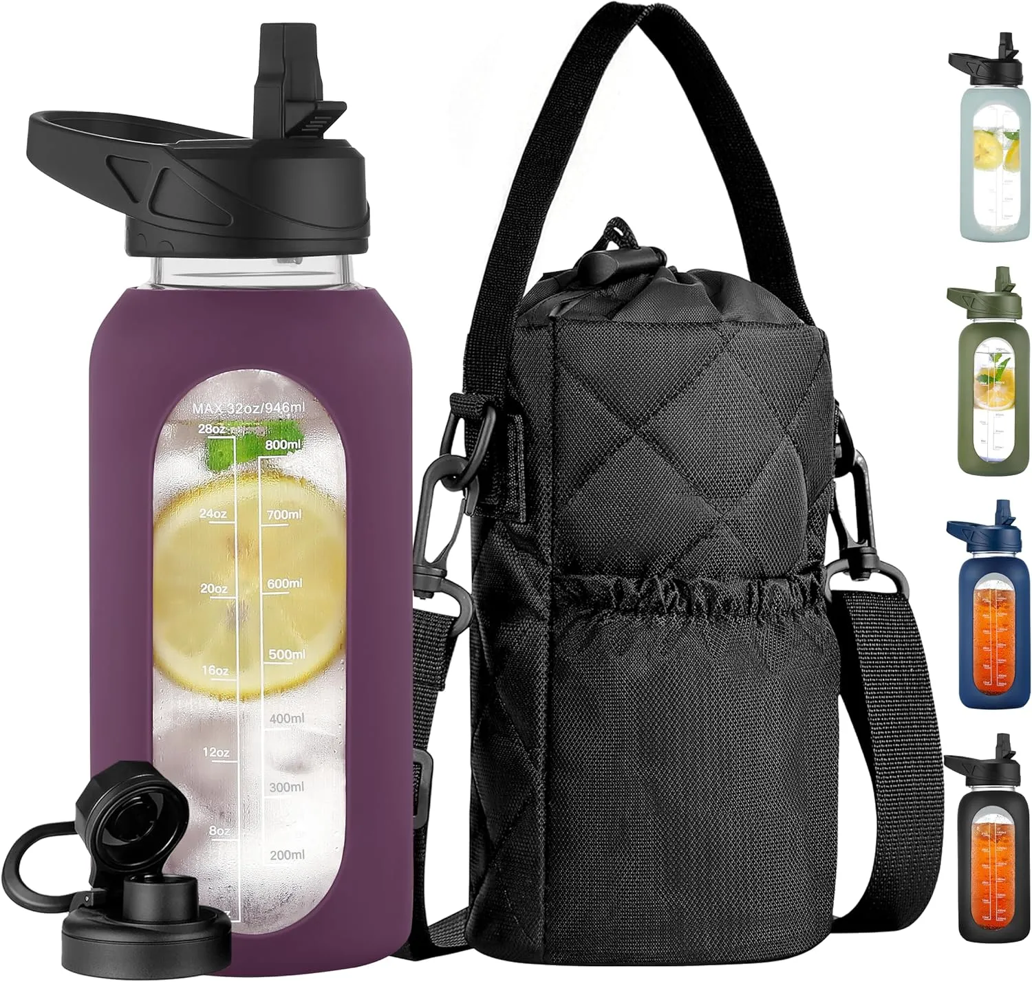 CIVAGO 32 oz Glass Water Bottle with Straw and Insulated Bottle Holder Sling, Motivational Water jug with Time Marker and Silicone Sleeve, Water Flask with 2 Lids for Walking and Gym Mauve
