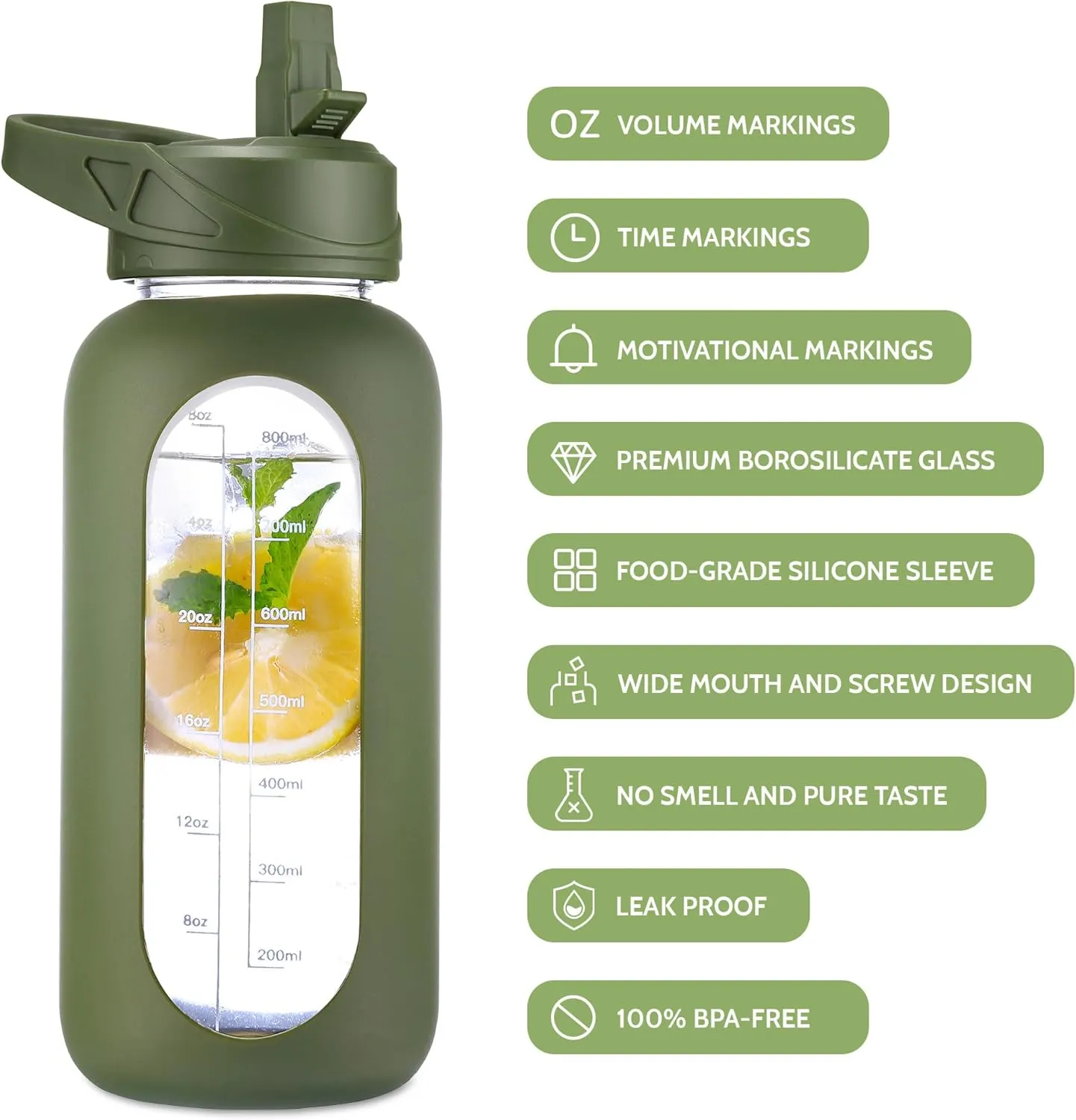 CIVAGO 32 oz Glass Water Bottle with Straw and Insulated Bottle Holder Sling, Motivational Water jug with Time Marker and Silicone Sleeve, Water Flask with 2 Lids for Walking and Gym Mauve