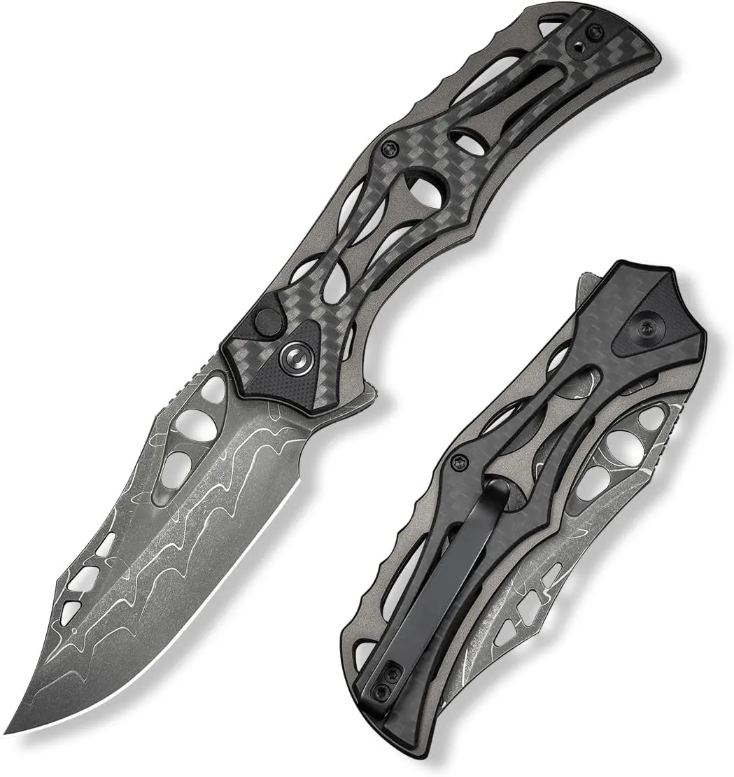 CIVIVI Pocket Knife for Men, Biophase Flipper Tactical Folding Knife, 3.48" Damascus Blade Aluminum with Carbon Fiber G-10 Handle, Lightweight Skeletonized EDC Knife for Camping Hunting, C23083C-DS1