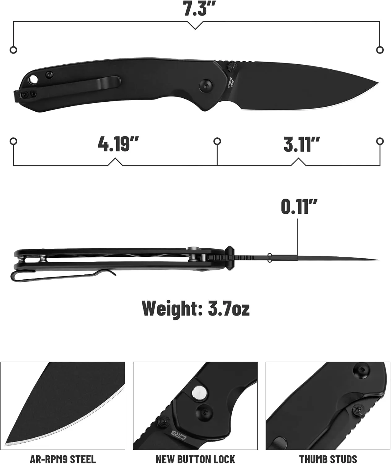 CJRB Folding Knife Pyrite (J1925) AR-RPM9 Blade and Black PVD Stainless Steel Handle Button Lock EDC Pocket Knife with Clip