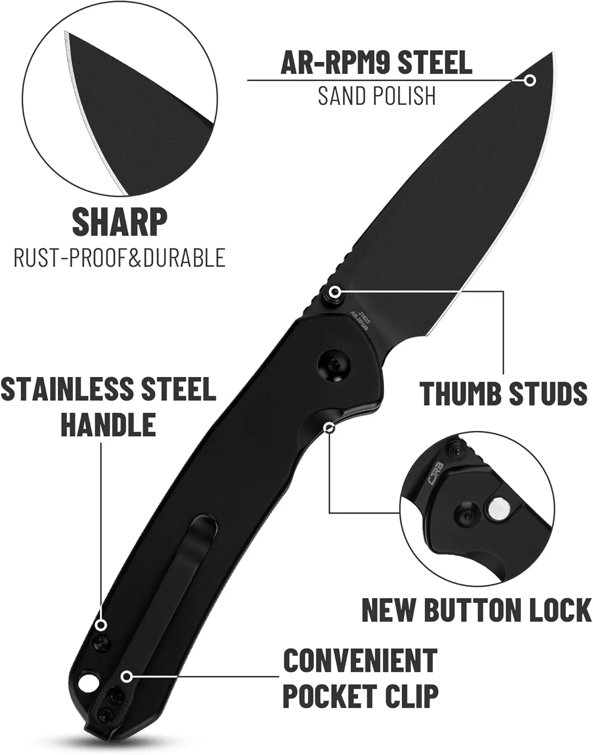 CJRB Folding Knife Pyrite (J1925) AR-RPM9 Blade and Black PVD Stainless Steel Handle Button Lock EDC Pocket Knife with Clip
