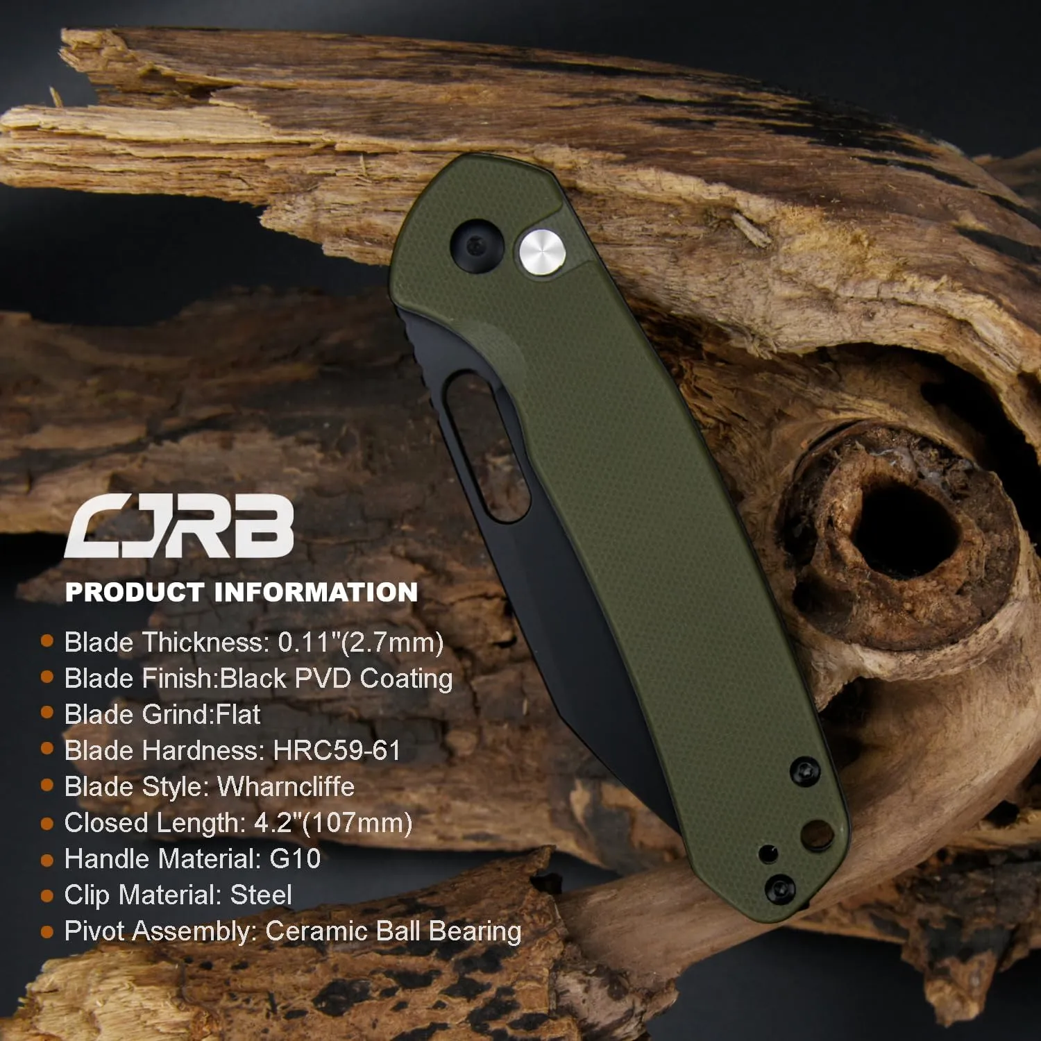 CJRB Pyrite-Alt (J1925A) Folding Pocket Knife with 3.11'' Black PVD AR-RPM9 Wharncliffe Blade Green G10 Handle,Button Lock EDC Knife with Thumb Hole for Tactical,Outdoor,Hiking and Gift