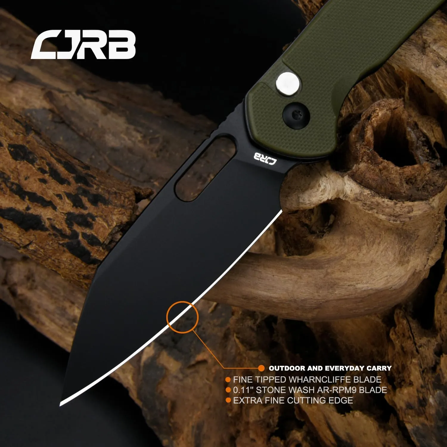 CJRB Pyrite-Alt (J1925A) Folding Pocket Knife with 3.11'' Black PVD AR-RPM9 Wharncliffe Blade Green G10 Handle,Button Lock EDC Knife with Thumb Hole for Tactical,Outdoor,Hiking and Gift