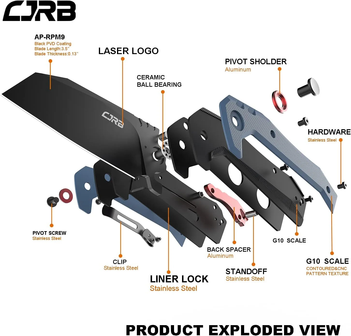 CJRB Tigris Tactical Knife, Pocket Knife with AR-RPM9 Powder Steel Black PVD Blade Black & Blue G10 Handle for EDC Camping Hunting (J1919)