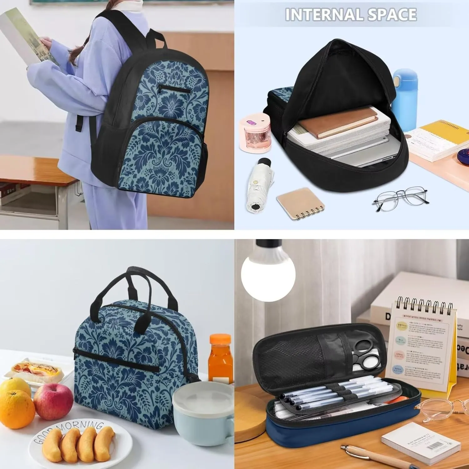 Classic Floral Print Blue School Backpack Set for Boys Girls with Lunch Box & Pencil Pouch, Lightweight 16.9 Inch Backpack, Tote Bag with Shoulder Strap, Ideal for Class, Travel, Picnic