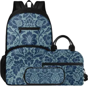 Classic Floral Print Blue School Backpack Set for Boys Girls with Lunch Box & Pencil Pouch, Lightweight 16.9 Inch Backpack, Tote Bag with Shoulder Strap, Ideal for Class, Travel, Picnic