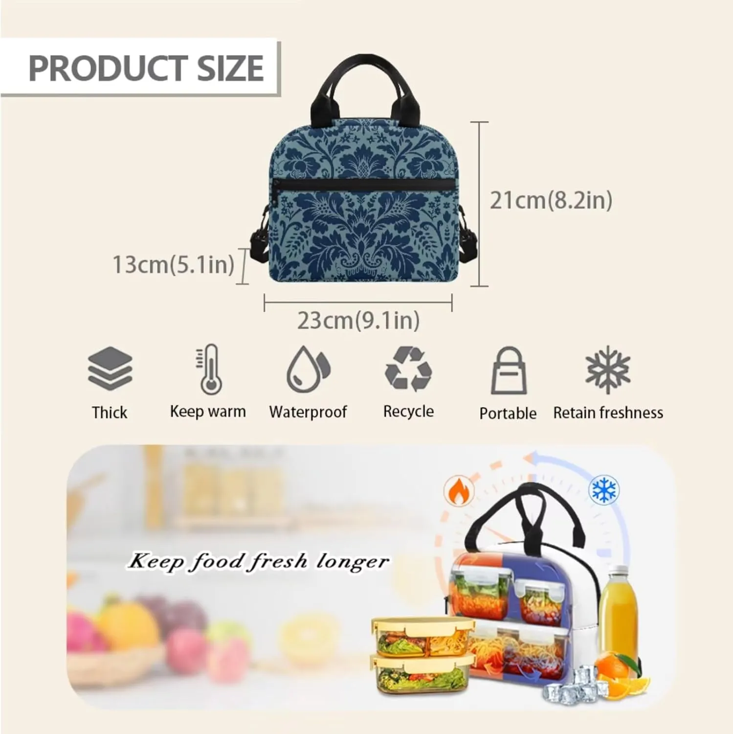 Classic Floral Print Blue School Backpack Set for Boys Girls with Lunch Box & Pencil Pouch, Lightweight 16.9 Inch Backpack, Tote Bag with Shoulder Strap, Ideal for Class, Travel, Picnic