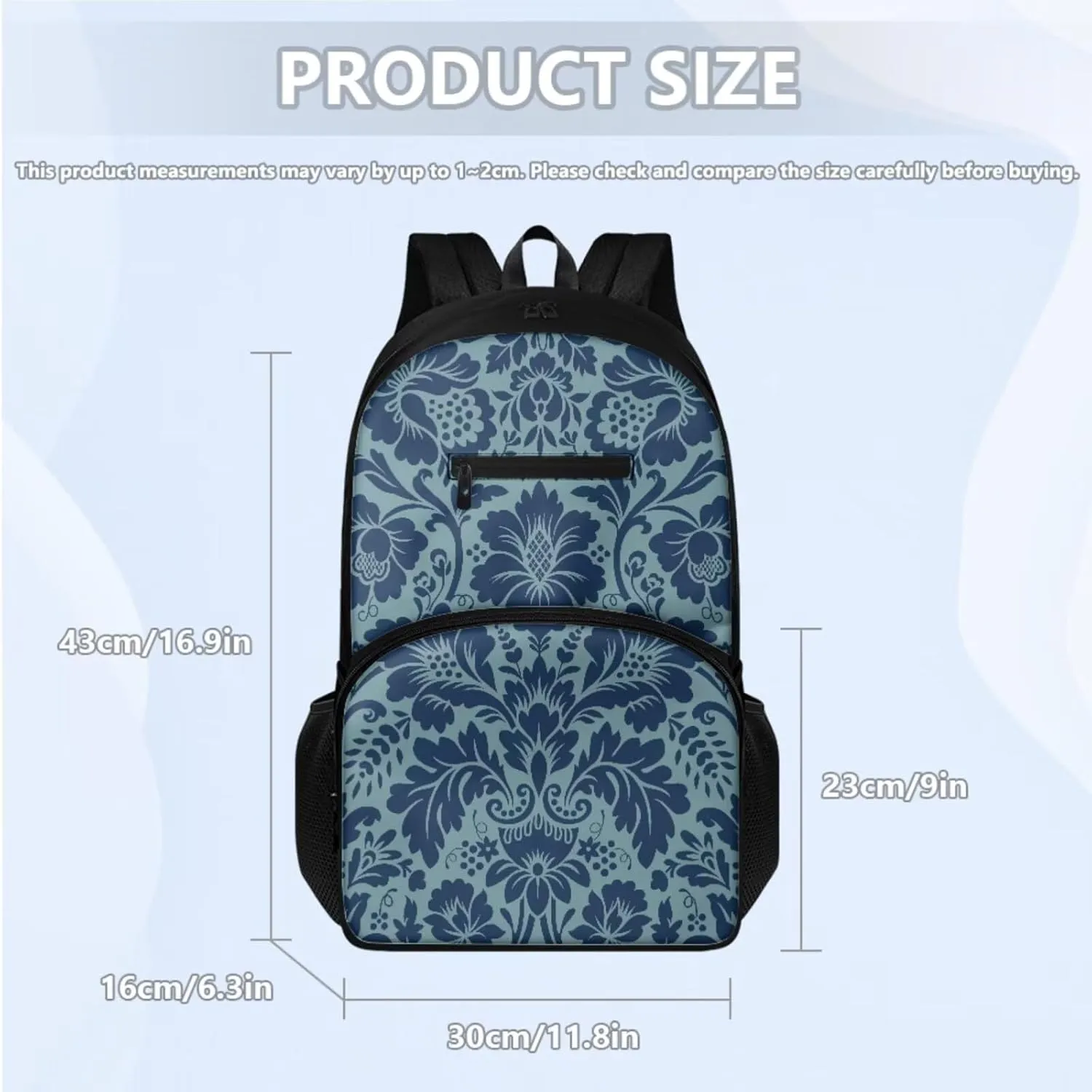 Classic Floral Print Blue School Backpack Set for Boys Girls with Lunch Box & Pencil Pouch, Lightweight 16.9 Inch Backpack, Tote Bag with Shoulder Strap, Ideal for Class, Travel, Picnic