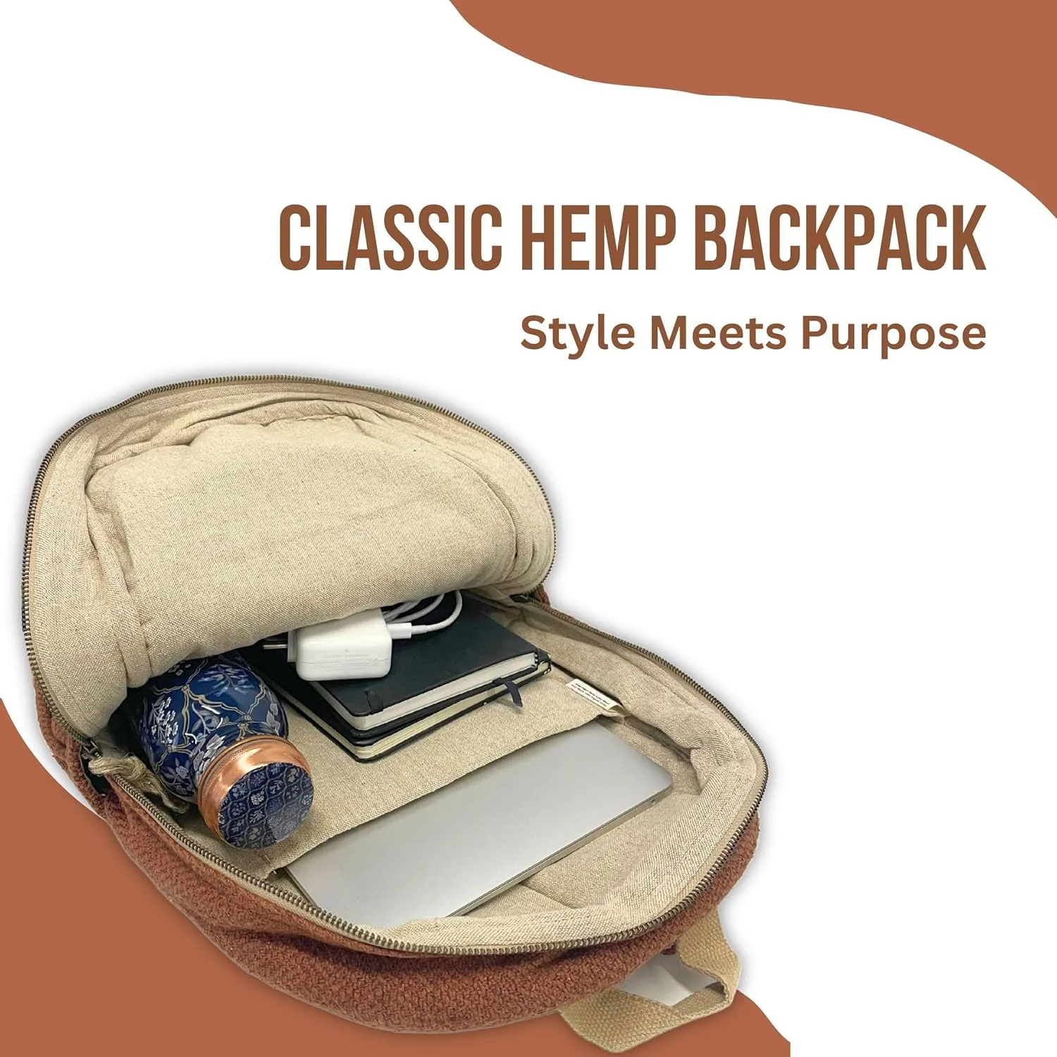 Classic Hemp Backpack, Brown – Stylish & Durable Backpack, Comfortable Adjustable Straps, Multiple Compartments, Ideal for Travel, Hiking & Daily Use