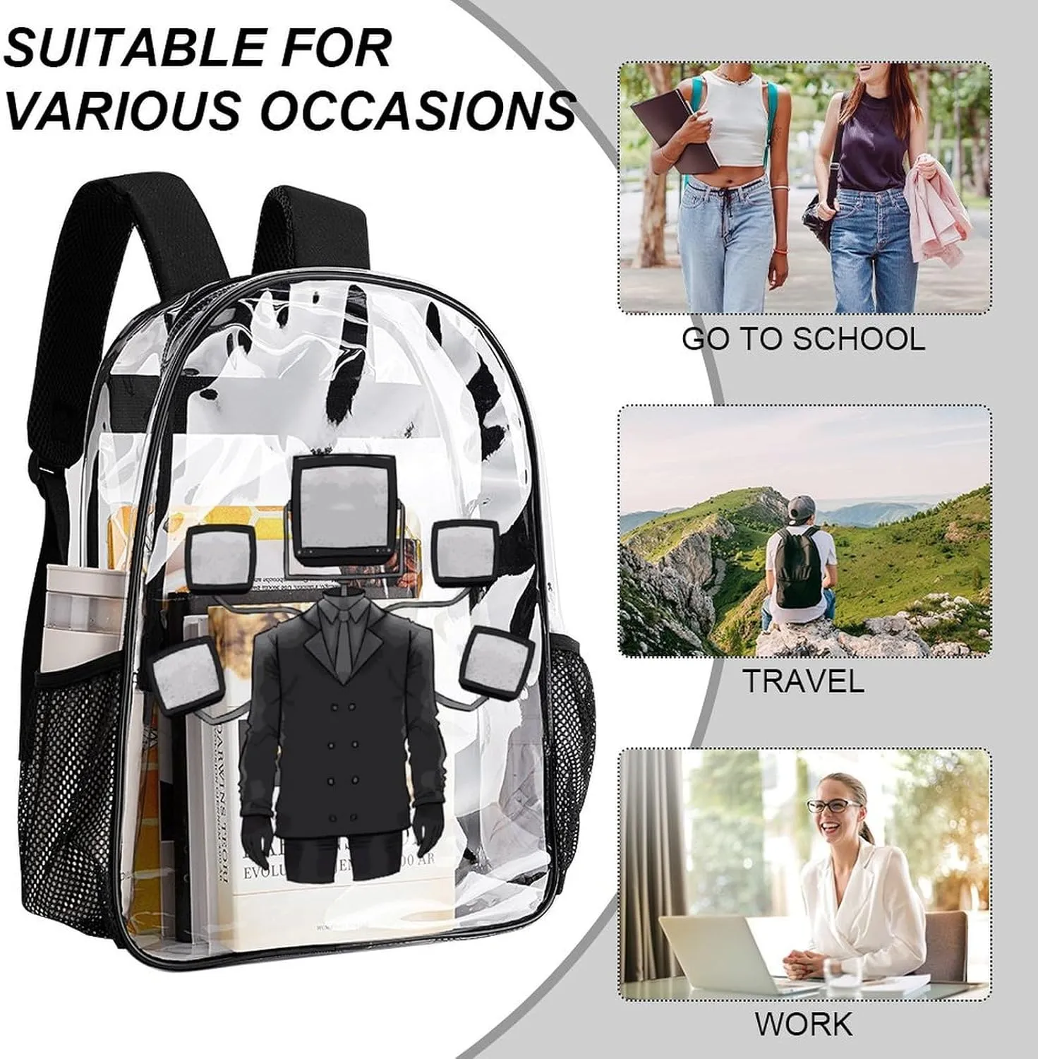 Clear Backpack Heavy Duty PVC Transparent Funny Backpack 17"" Large Capacity See Through Bag for Travel, 43x32x13cm, Style-3