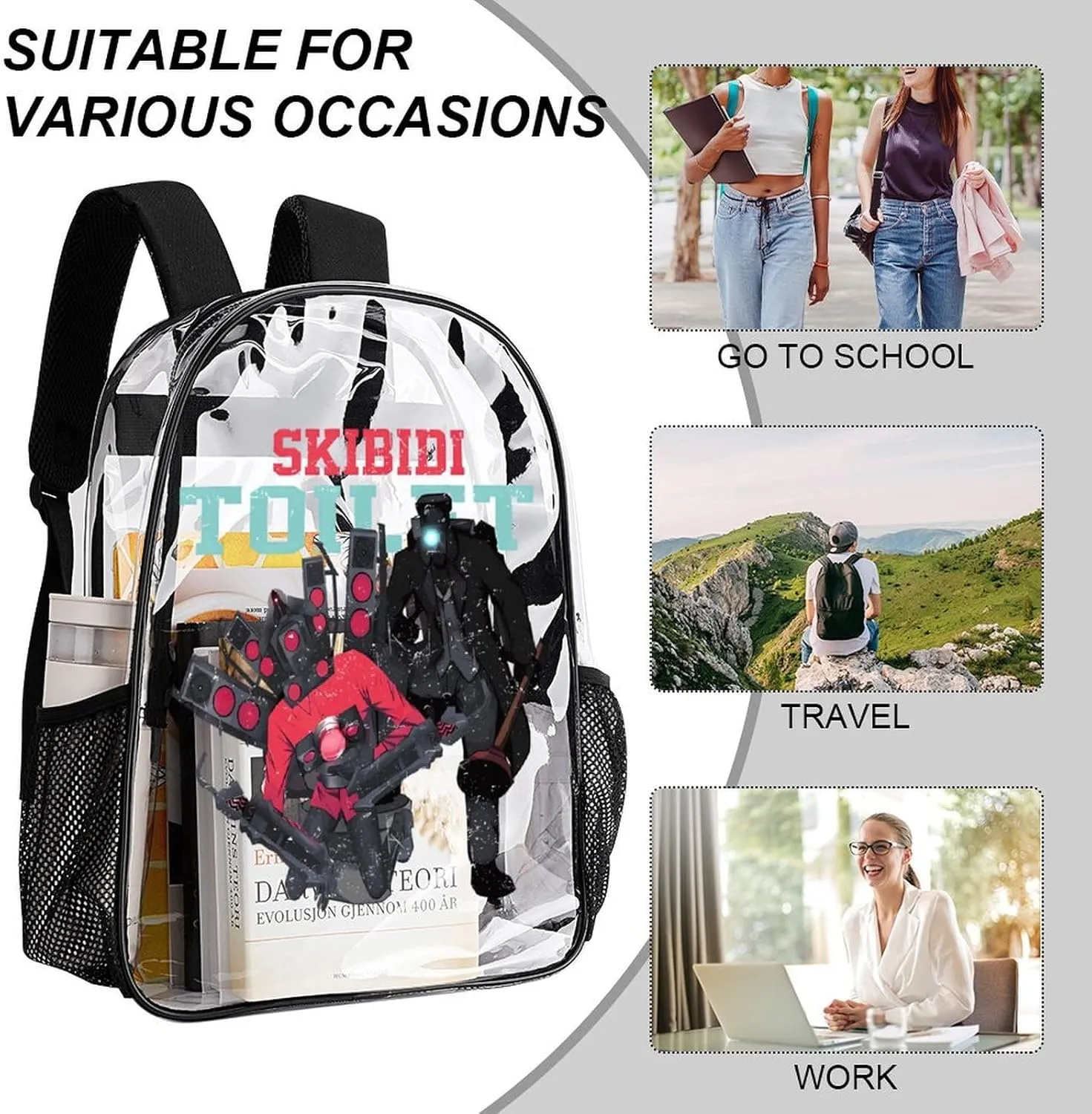 Clear Backpack Heavy Duty PVC Transparent Funny Toi-let Backpack 17"" Large Capacity See Through Bag for College, 43x32x13cm, Style-2