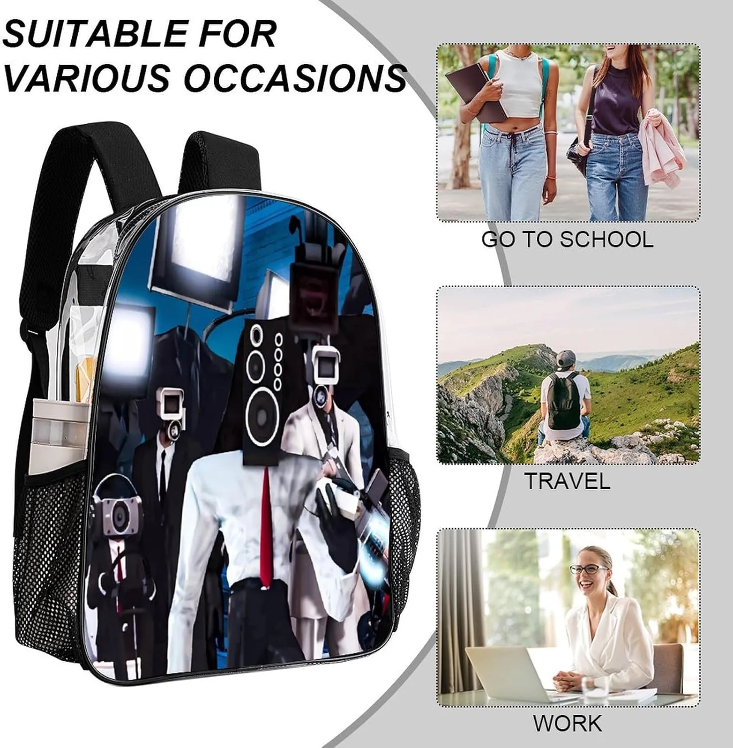 Clear Backpack Heavy Duty PVC Transparent Funny Toi-let Backpack 17"" Large Capacity See Through Bag for College, 43x32x13cm, Style-4