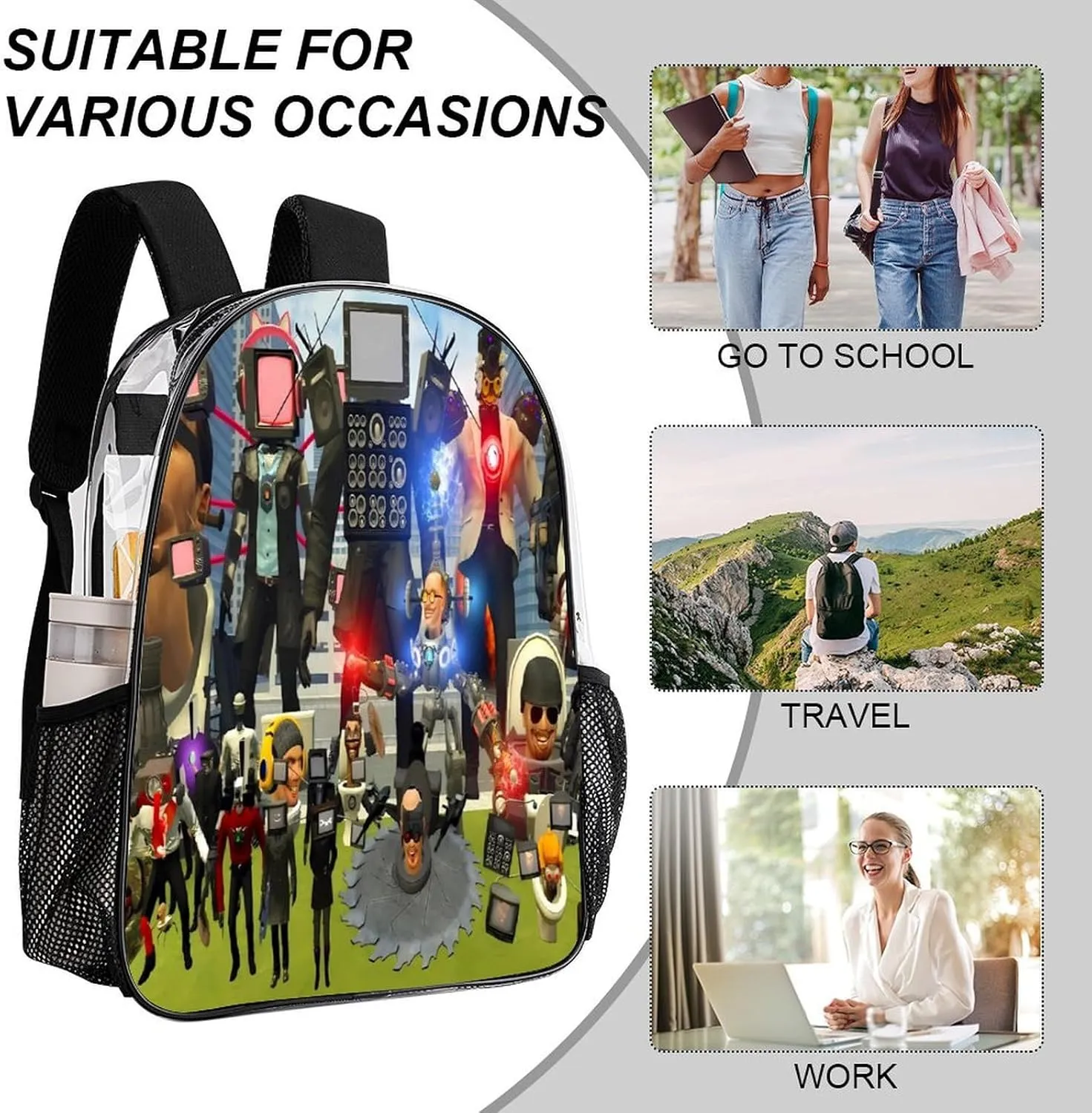 Clear Backpack Heavy Duty PVC Transparent Funny Toi-let Backpack 17"" Large Capacity See Through Bag for Work, 43x32x13cm, Style