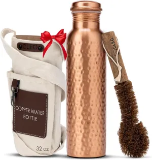 CLEO HOME 100% Pure Copper Water Bottle for Drinking, 32 Oz Large Hammered Ayurvedic Copper Bottle with 2 Pockets Canvas Bag & Cleaning Brush, Leak-Proof Insulated Copper Water Bottle