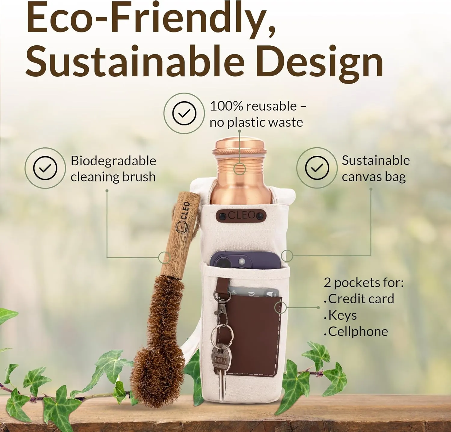 CLEO HOME 100% Pure Copper Water Bottle for Drinking, 32 Oz Large Hammered Ayurvedic Copper Bottle with 2 Pockets Canvas Bag & Cleaning Brush, Leak-Proof Insulated Copper Water Bottle