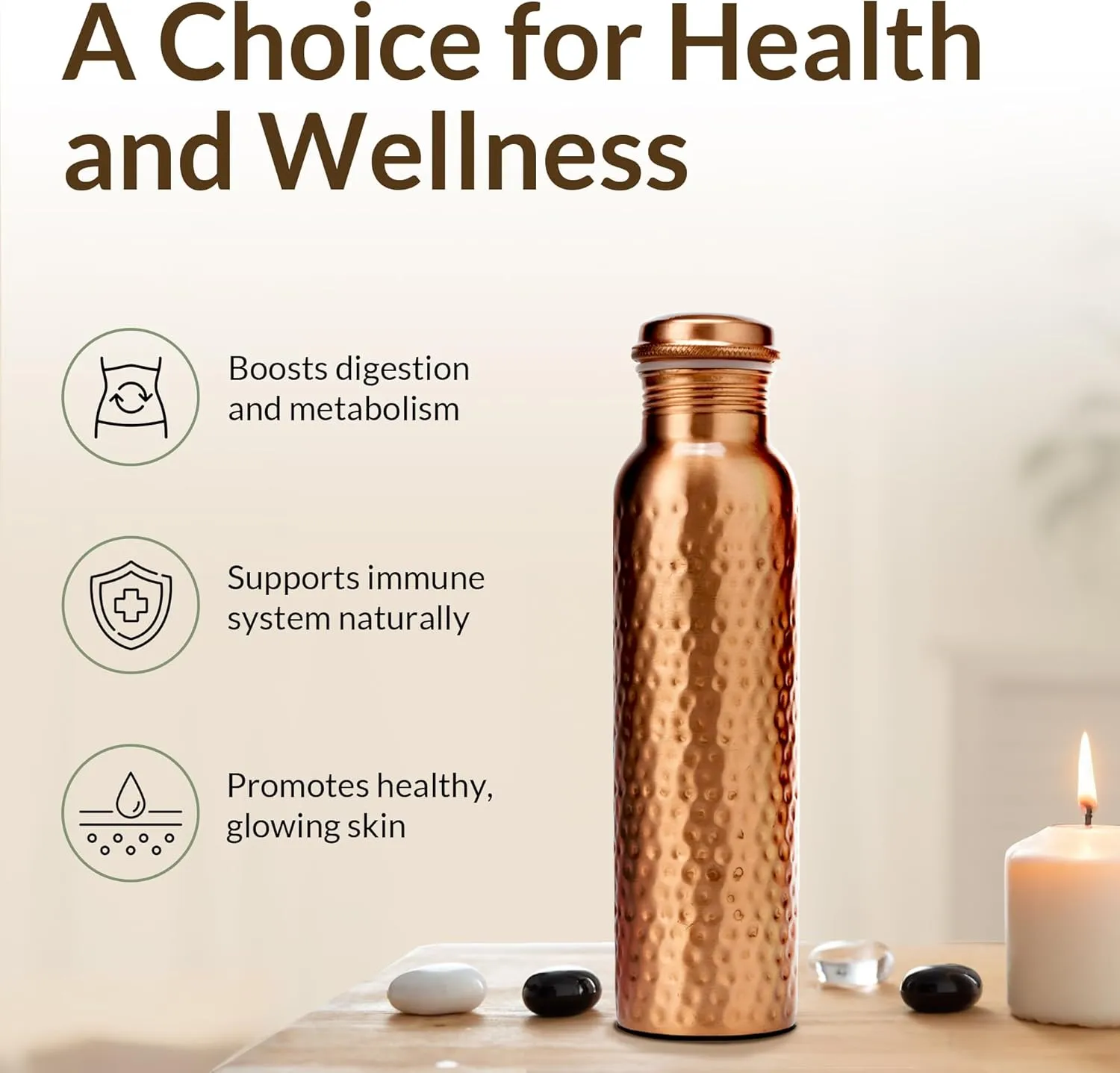 CLEO HOME 100% Pure Copper Water Bottle for Drinking, 32 Oz Large Hammered Ayurvedic Copper Bottle with 2 Pockets Canvas Bag & Cleaning Brush, Leak-Proof Insulated Copper Water Bottle