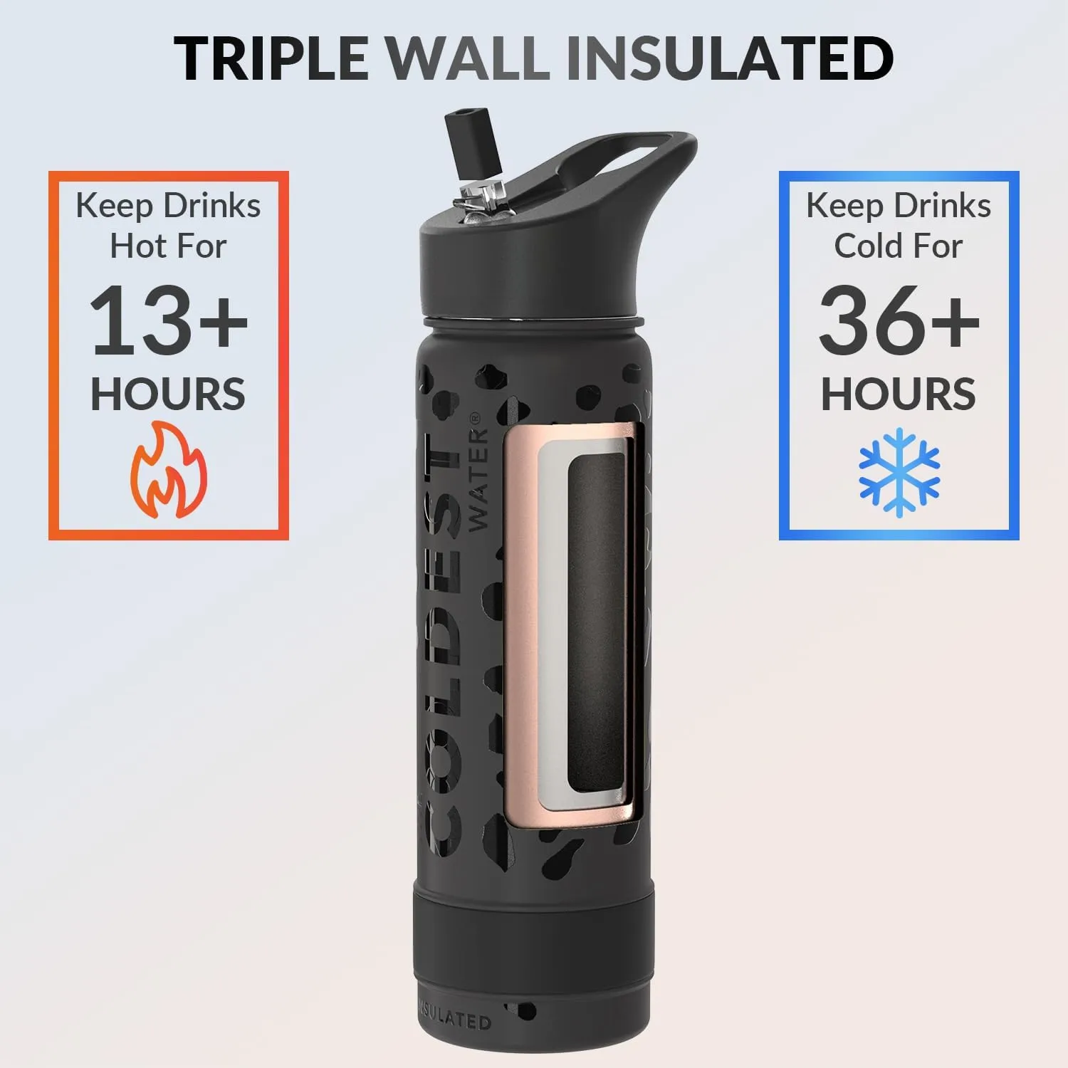 Coldest Insulated Water Bottle with Straw Lid - Stainless Steel Metal Thermos for Men & Women (Black Leopard, 24 oz)