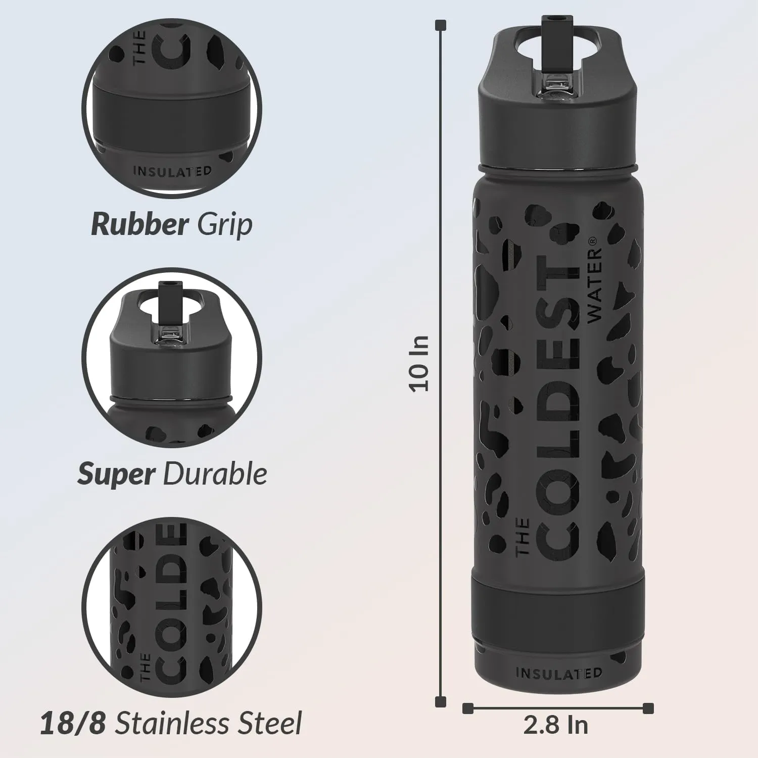 Coldest Insulated Water Bottle with Straw Lid - Stainless Steel Metal Thermos for Men & Women (Black Leopard, 24 oz)
