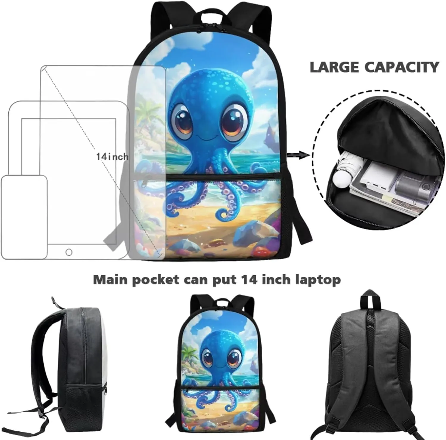 Coldinair Octopus Toddler Boy School Backpack and Lunch Box Set 17 inch Large School Bag for Boys 7-10 4 in 1 Set Bookbag for Kindergarten Preschool Elementary School Student Kids School Supplies Set