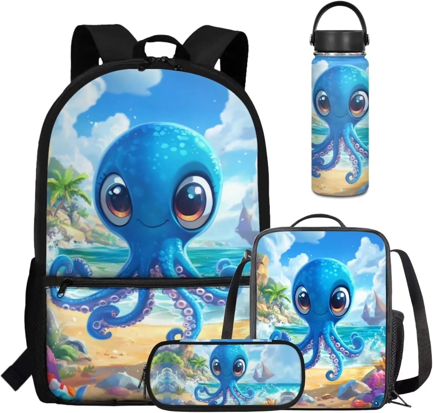 Coldinair Octopus Toddler Boy School Backpack and Lunch Box Set 17 inch Large School Bag for Boys 7-10 4 in 1 Set Bookbag for Kindergarten Preschool Elementary School Student Kids School Supplies Set