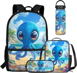 Coldinair Octopus Toddler Boy School Backpack and Lunch Box Set 17 inch Large School Bag for Boys 7-10 4 in 1 Set Bookbag for Kindergarten Preschool Elementary School Student Kids School Supplies Set