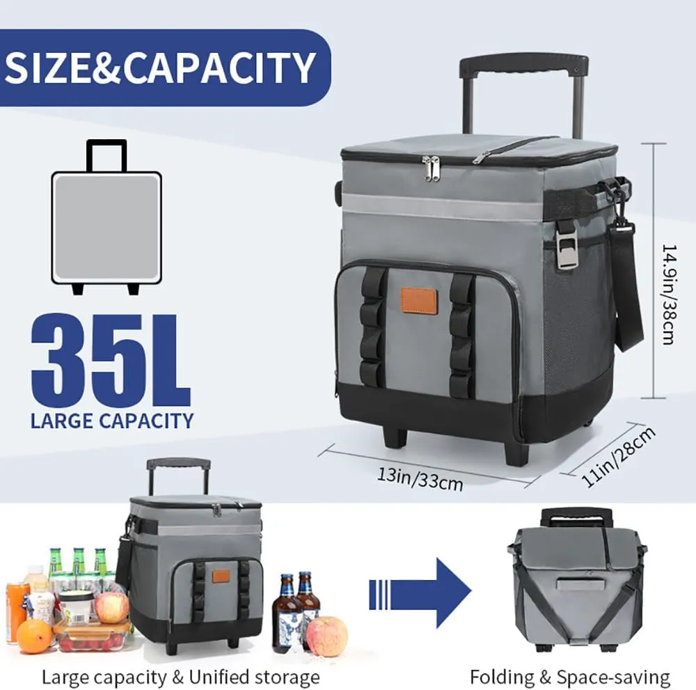 Collapsible Rolling Cooler - 35L Insulated Soft Cooler Bag with Wheels and Handle Leakproof Insulated Coolers for Camping Travel Beach Shopping Picnic